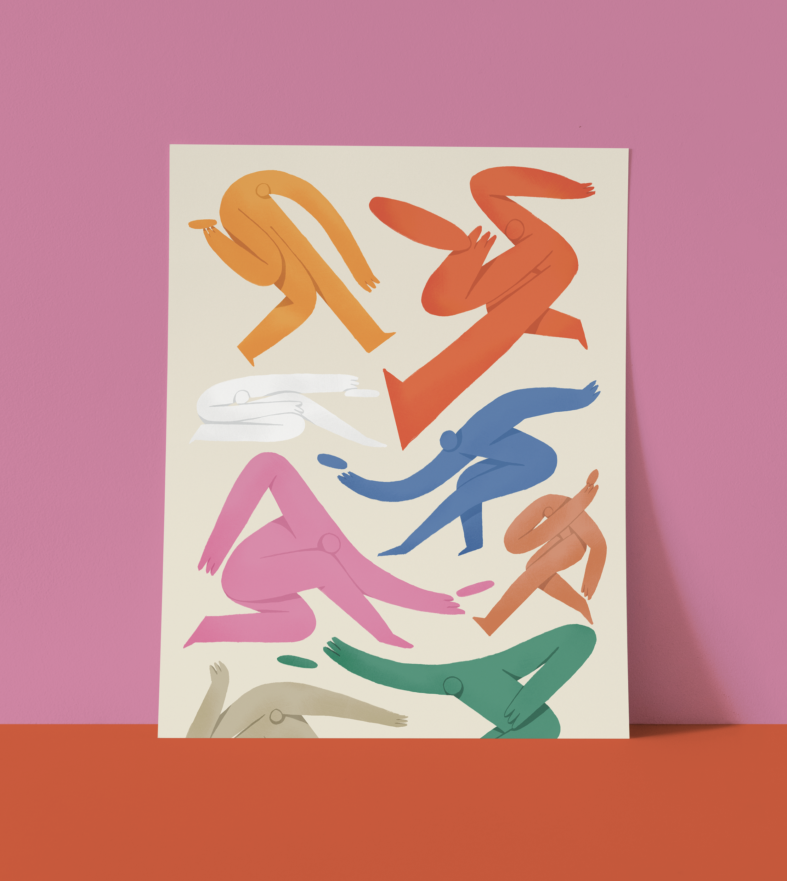 Colorful abstract illustration of intertwined human-like figures in various shades of orange, pink, blue, green, white, and gray, arranged in dynamic poses on a white background.