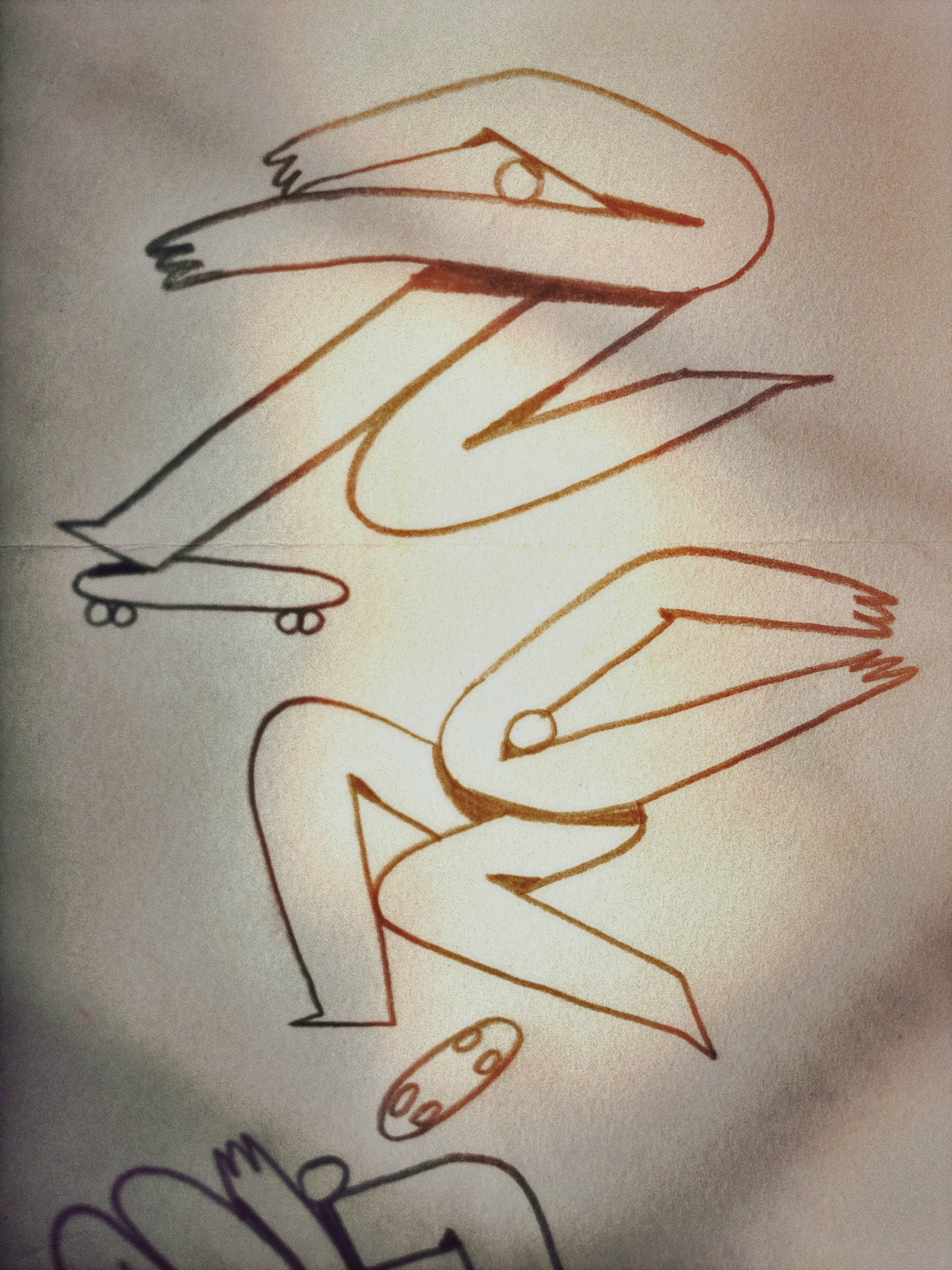 A hand-drawn sketch of a person riding a skateboard, with additional smaller sketches of a skateboard, a hand, and some abstract shapes on the paper.