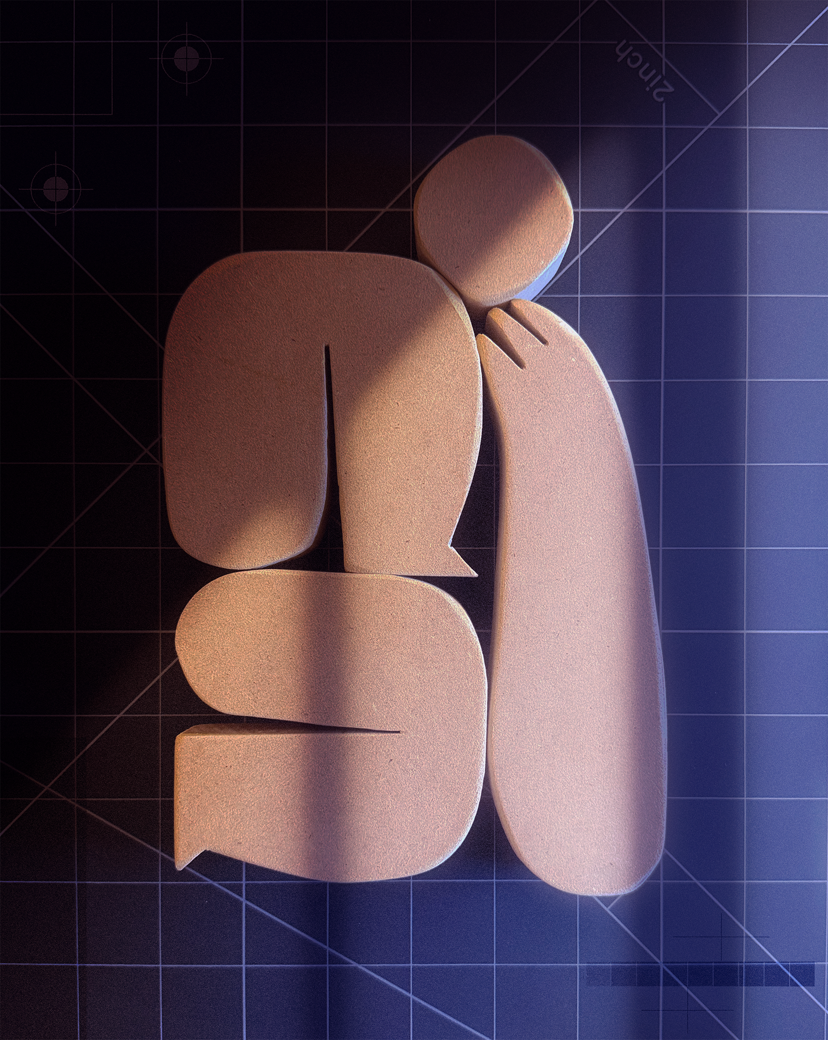 A stylized sculpture of a person sitting, made of beige foam, on a black grid background with measurement lines.