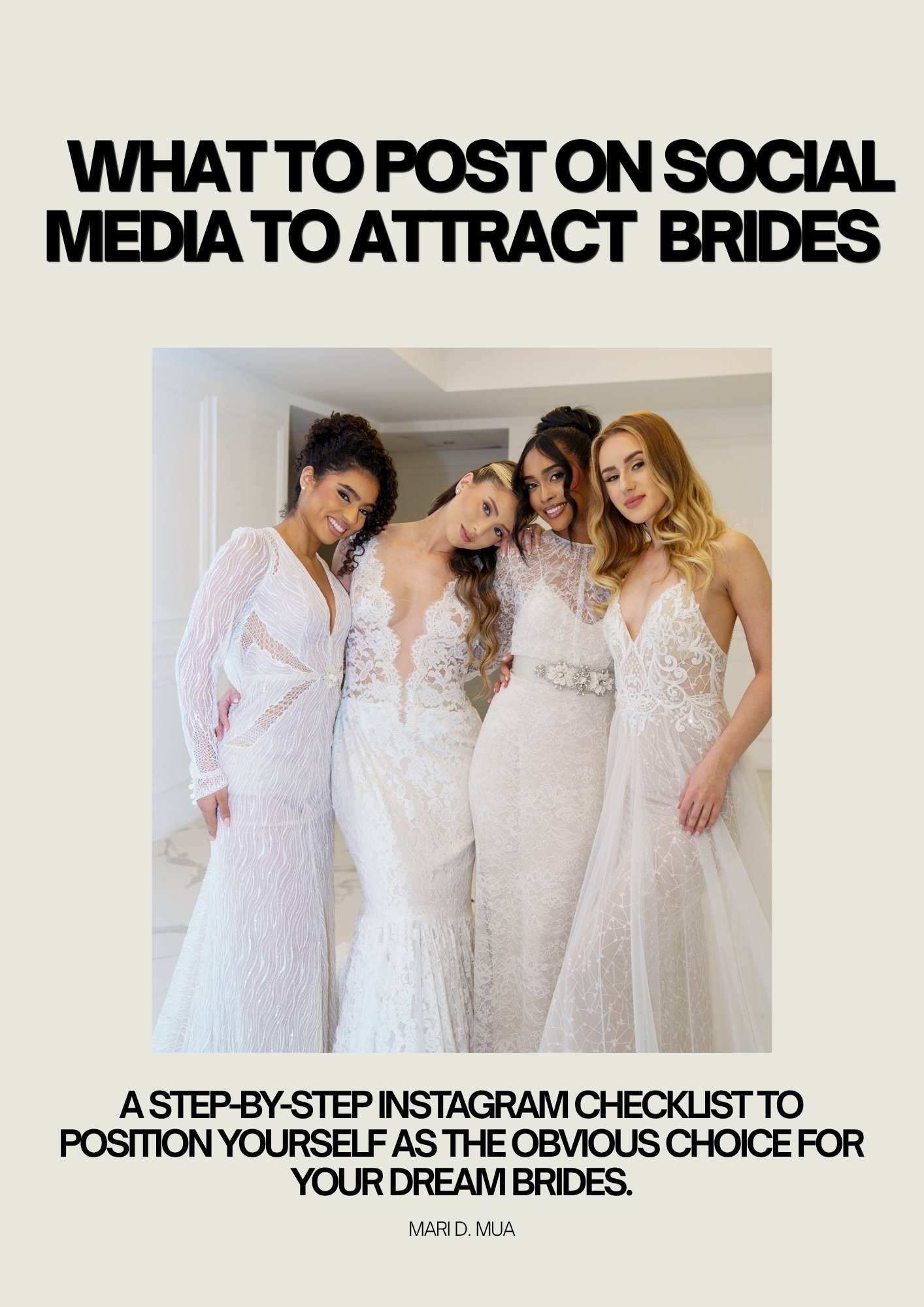 Four women in wedding dresses posing together in a hotel room.