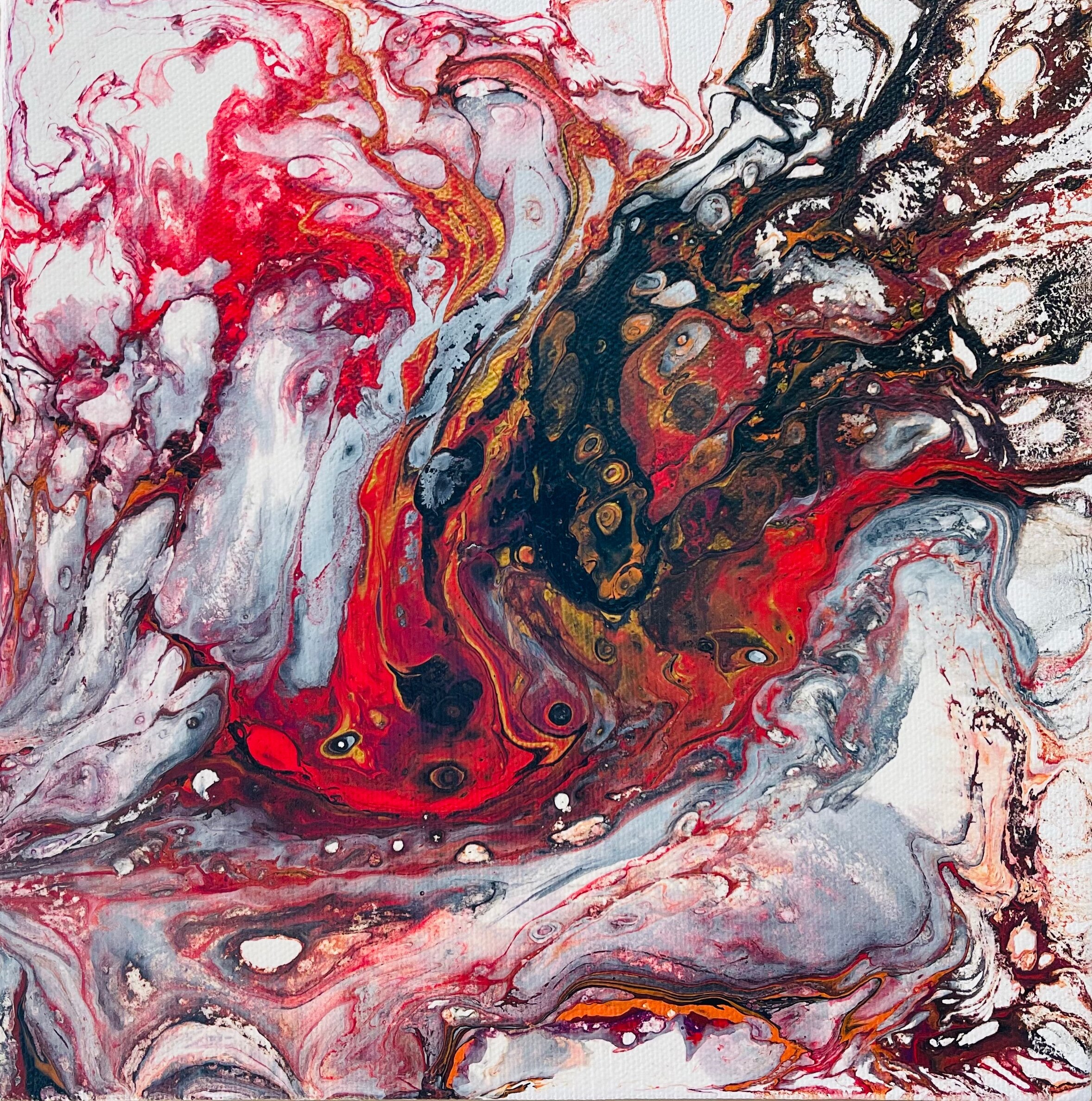 Red, yellow, maroon white & black painting