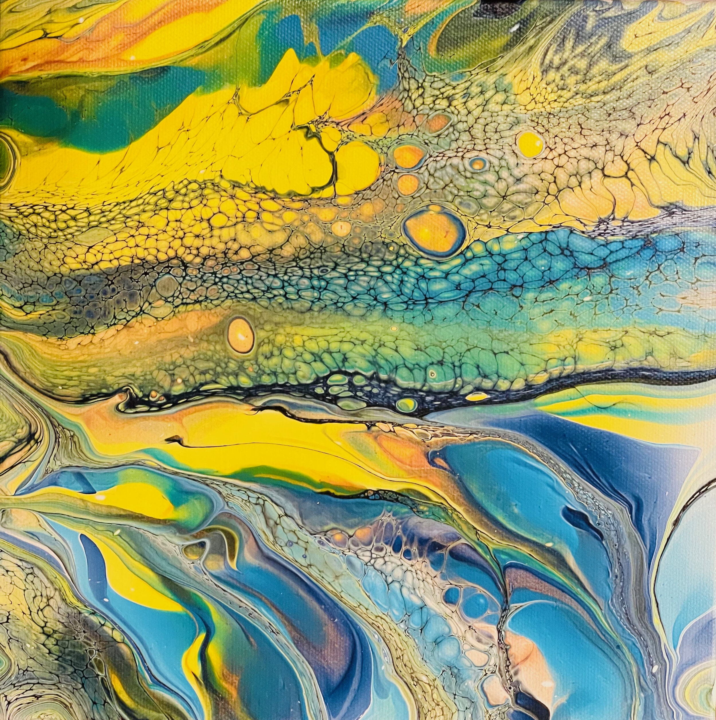 Yellow, Blue Rays of Sun Abstract Original Art