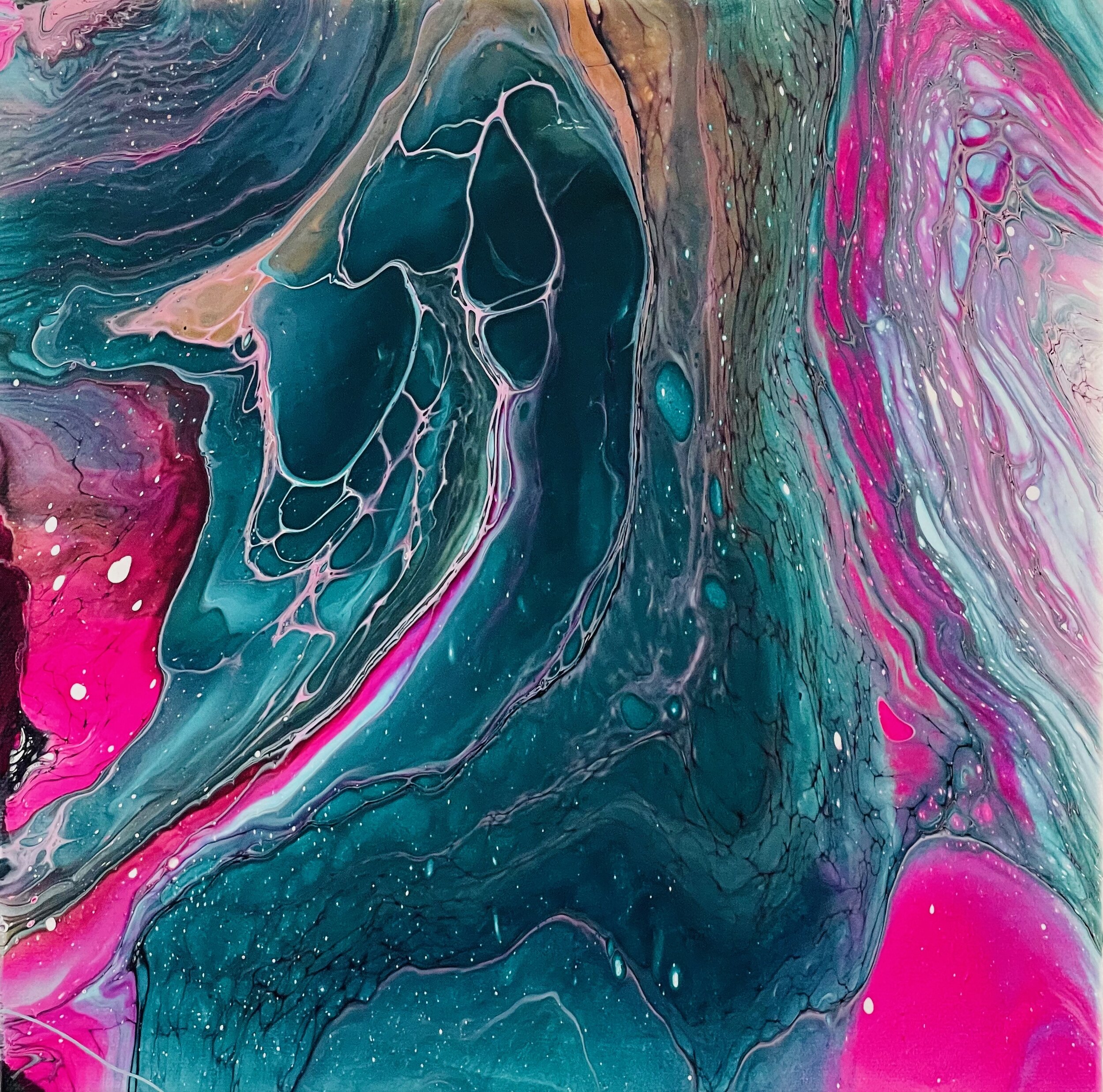 Teal, Magenta and gold original Art on 12x12 Canvass