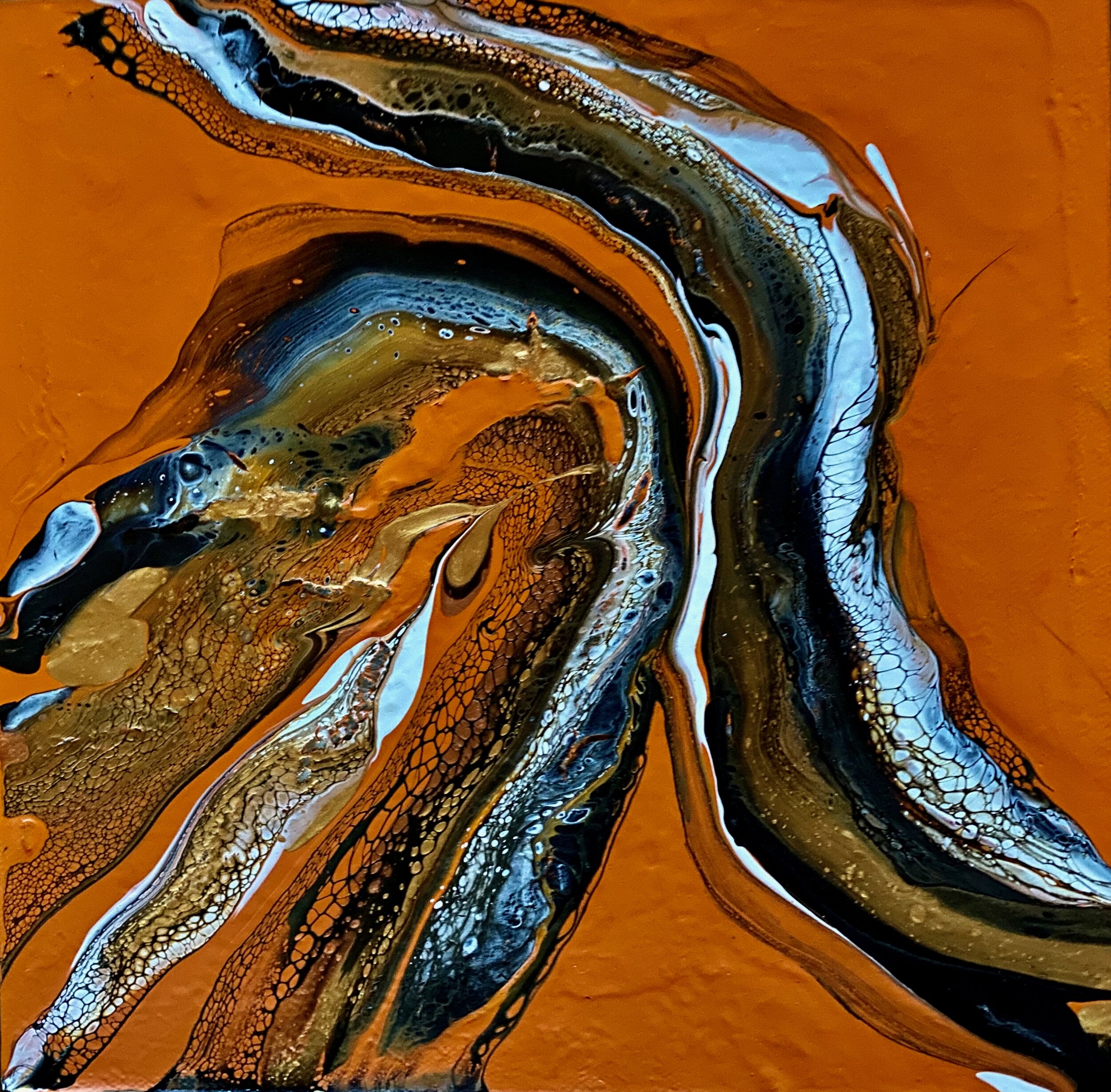 Gold 8x8 Black Orange Fluid Art WHOOPS Abstract Acrylic Pour Painting on Canvas