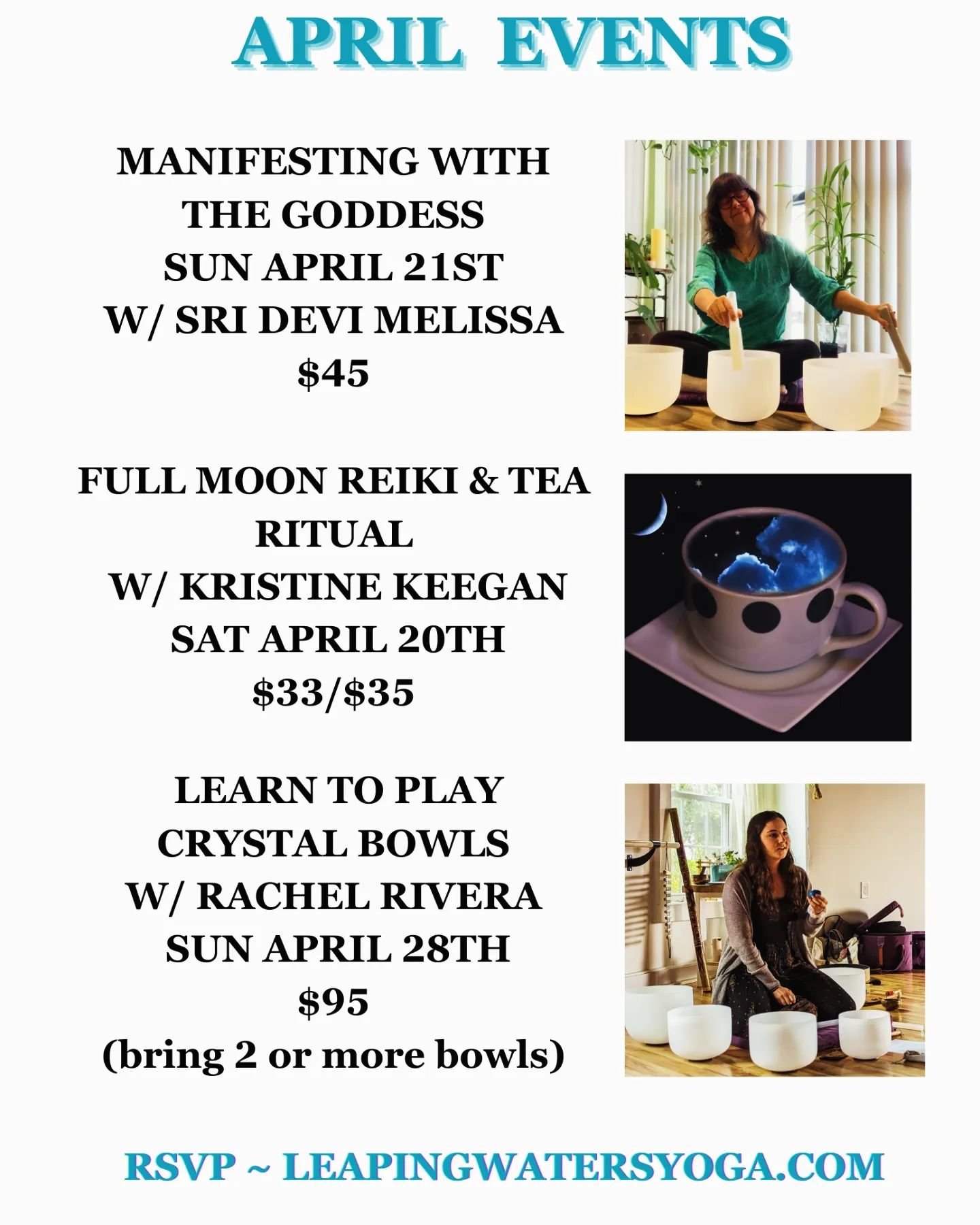 Awesome April
These are non Aerial, on the mat events for personal reflection, learning &amp; heart opening

Reiki &amp; Tea Ritual features a special floral blend &amp; Oracle cards with conversation &amp; community 🍵 🌸🌕

See all the class descri
