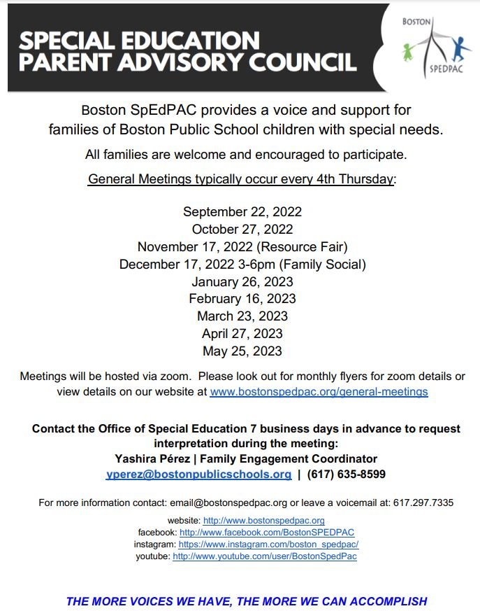 2022- 2023 SpEdPAC General Meeting Dates
