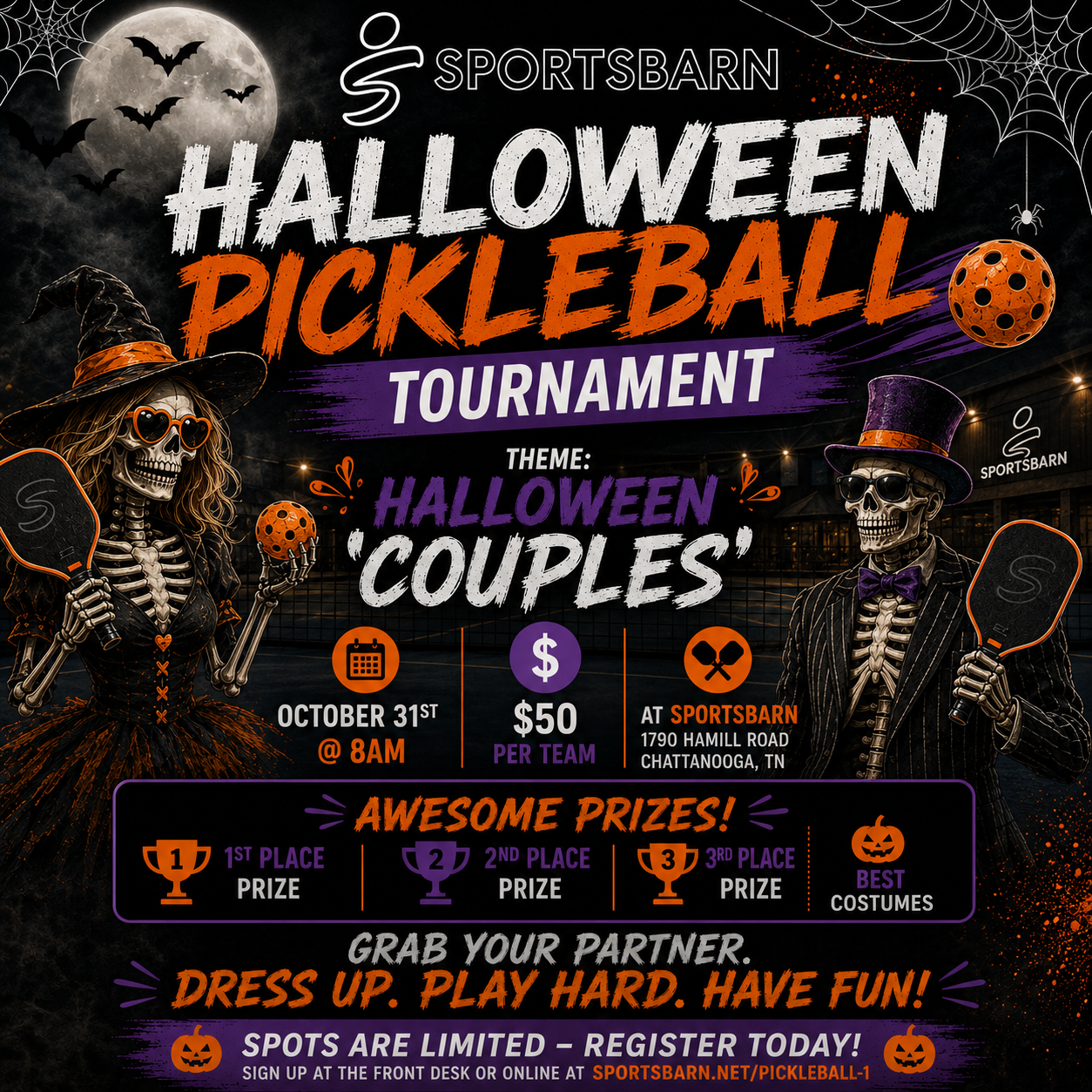 Halloween-themed pickleball tournament poster with two skeletons dressed as a witch and a man, holding pickleball paddles, against a dark night background with a full moon, bats, and web decorations. Includes event details, prize information, and registration instructions.