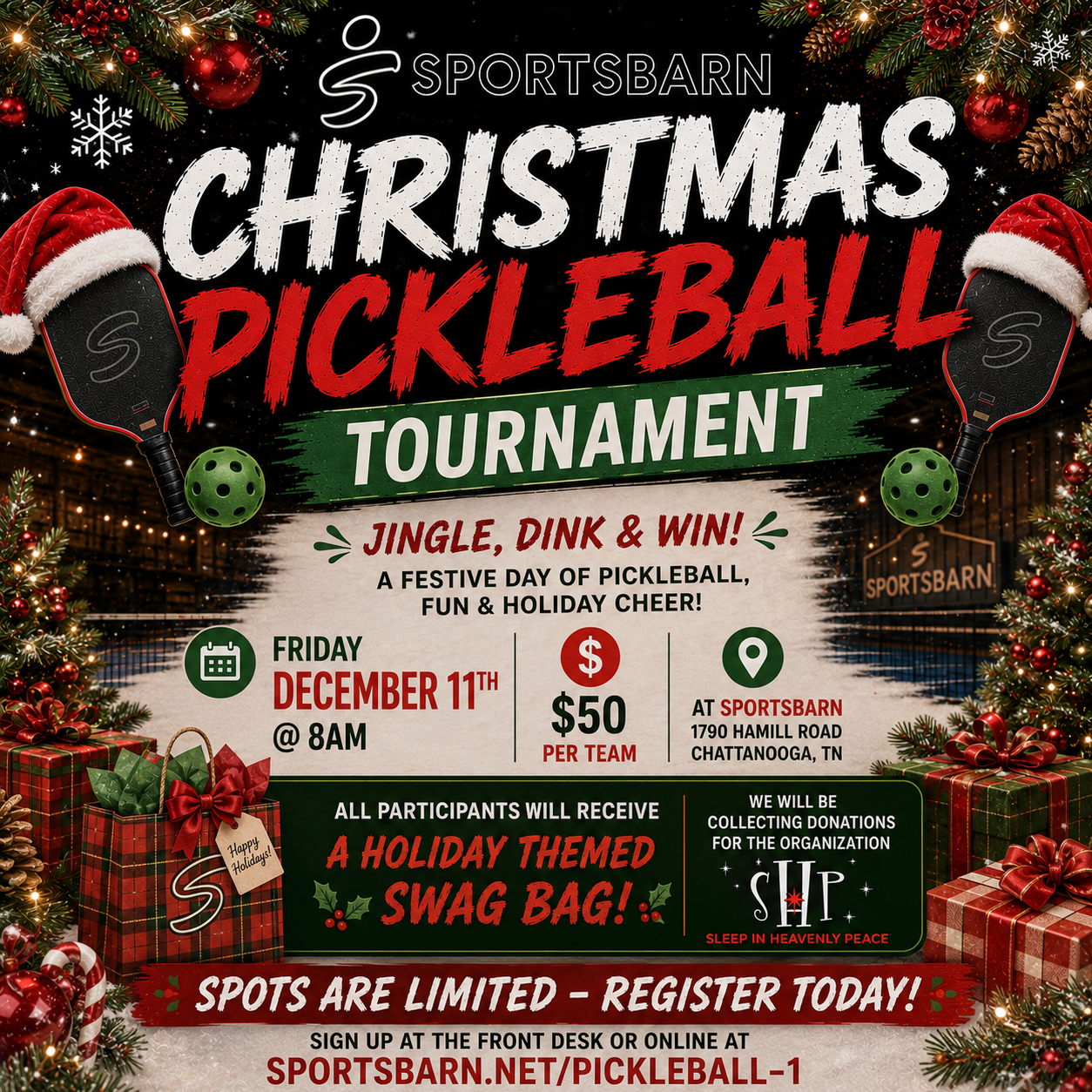 Festive flyer for a Christmas pickleball tournament at Sportsbarn on December 11th at 8 AM, featuring holiday decorations, Christmas gifts, and pickleball paddles with Santa hats, emphasizing holiday fun, with details about entry fee and prizes.