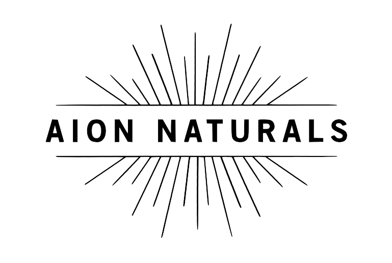 Logo with the words 'AION NATURALS' surrounded by radiating lines.