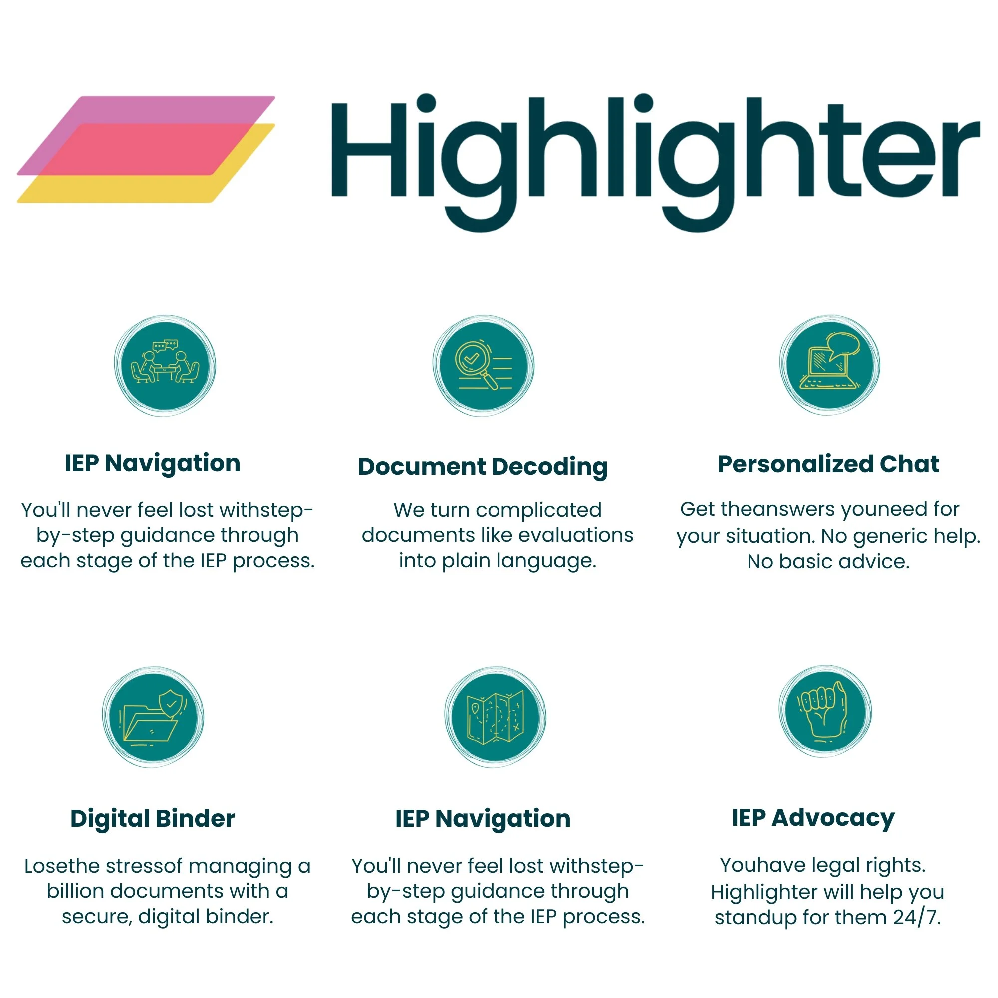 Highlighter logo with three colorful overlapping rectangles and the brand name in bold dark text. Below are icons representing IEP counseling, document review, and digital organization.