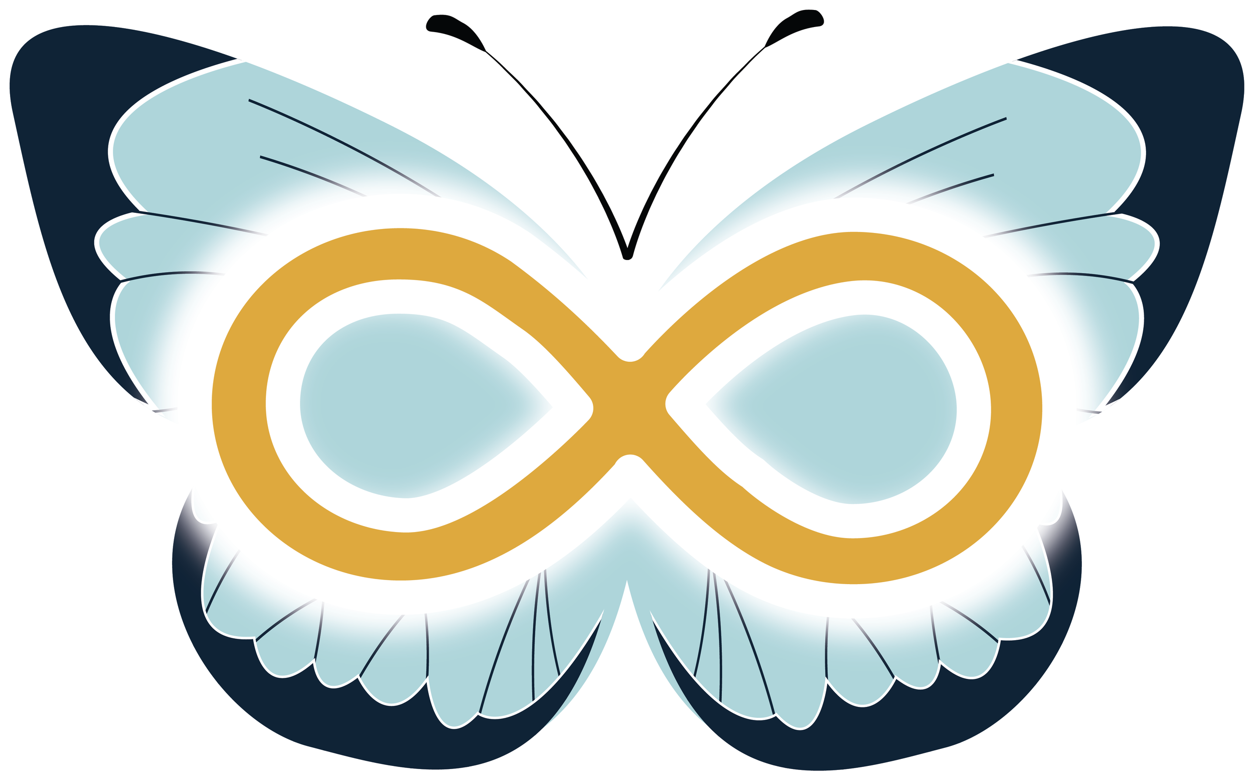 Stylized illustration of a butterfly with symmetrical wings, featuring a color palette of light blue, dark blue, and a gold infinity symbol in the center.
