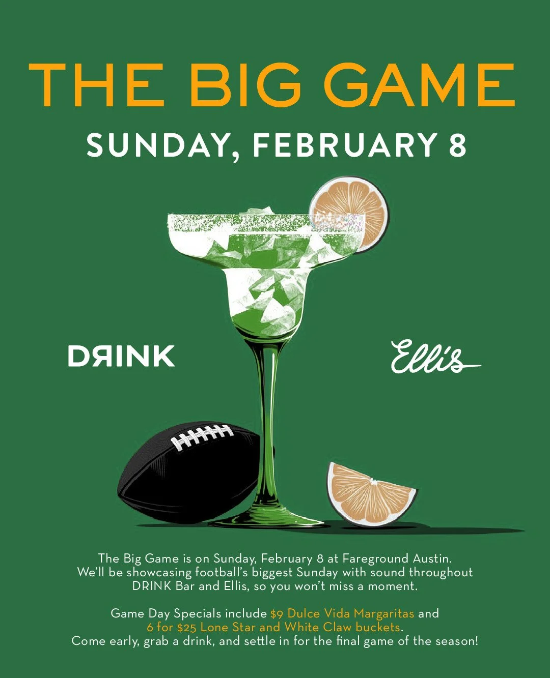 🏈 Game Day at Fareground 🏈 

Catch the big game with drink specials made for kickoff:
🍹 $9 Dulce Vida Margaritas 
🍺 6 for $25 Lone Star &amp; White Claw buckets

Come early, grab a drink, and settle in for the final game of the season with great 