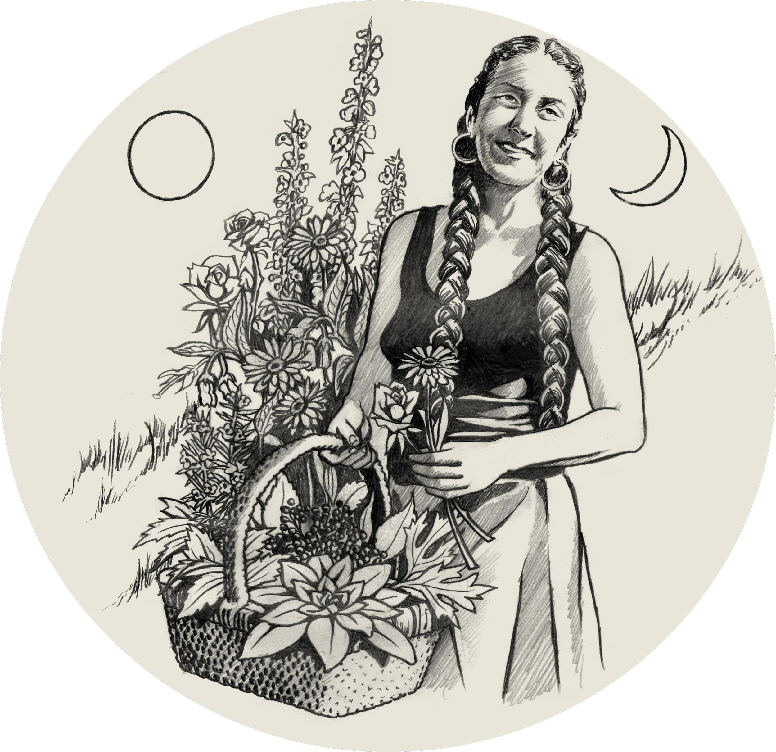 A woman with long braids holds a basket of herbs and flowers, smiling in a field. Sun and moon symbols are in the background. The tone is serene and natural.