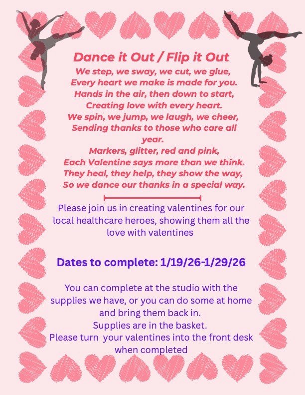 💖 Spreading Love, One Valentine at a Time 💖

Dance It Out &amp; Flip It Out students are putting their hearts into something special this season! From January 19&ndash;29, we&rsquo;re inviting our dancers and gymnasts to help us create handmade V