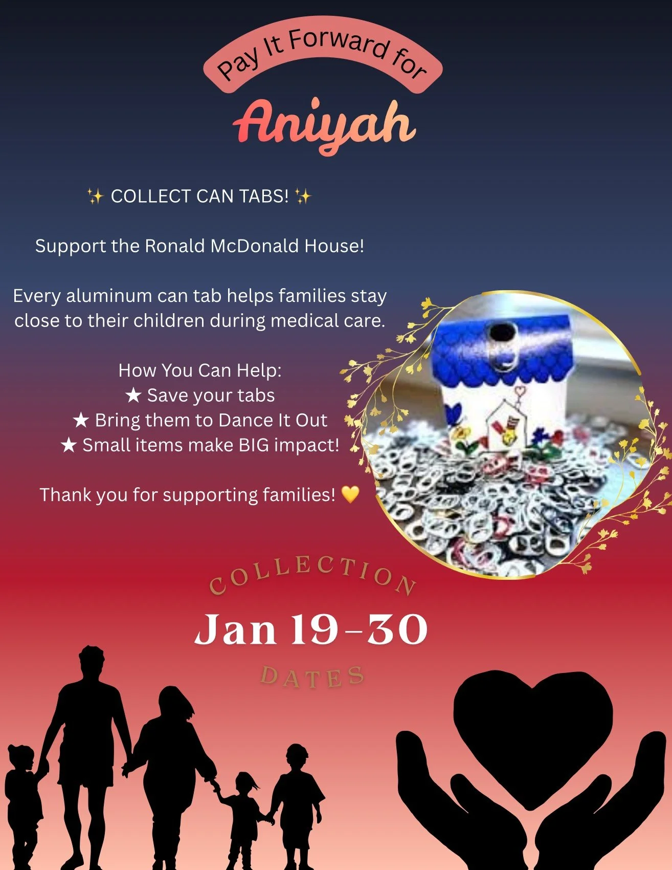 ✨ Pay It Forward with Aniyah ✨

Small actions can make a BIG difference. 💛

From January 19&ndash;30, we are collecting aluminum can tabs to support the Ronald McDonald House, helping families stay close to their children during medical care.
