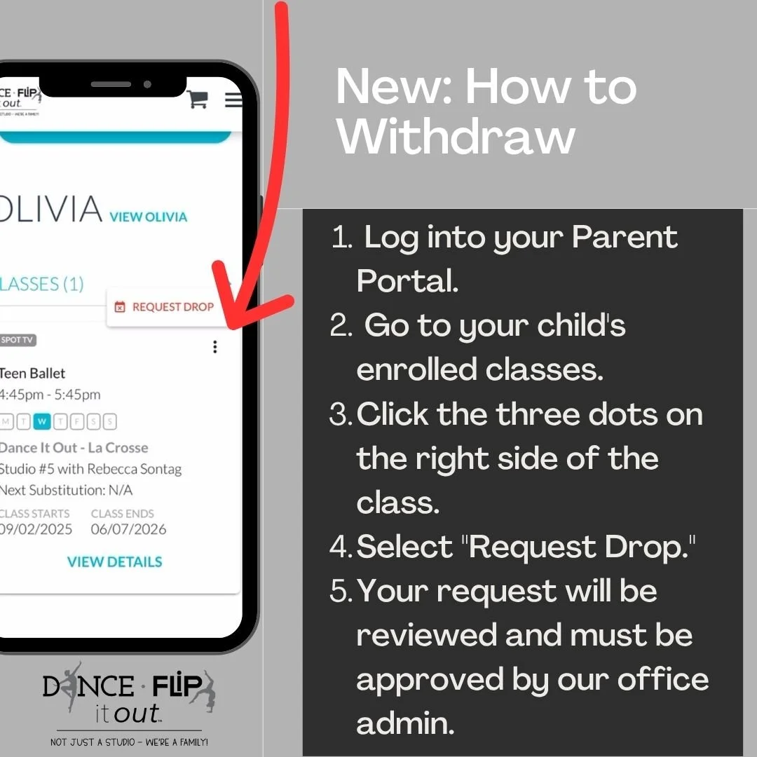 ✨ NEW: How to Withdraw from a Class ✨

To make things easier and more streamlined for families, all class withdrawals must now be submitted directly through the Parent Portal.

📱 How it works:
1️⃣ Log into your Parent Portal
2️⃣ Go to your chi