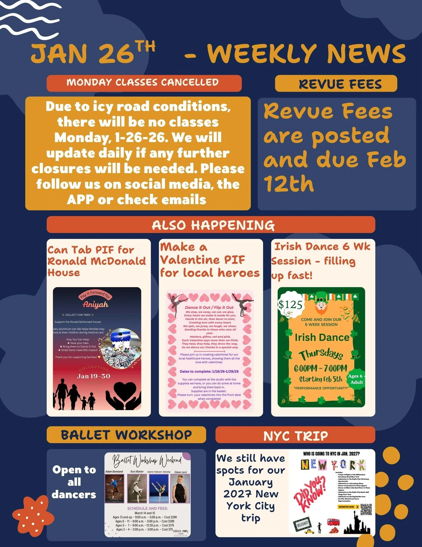 📰 Weekly News | January 26
❄️ Monday Classes Canceled
Due to icy road conditions, there will be no classes Monday (1/26). We&rsquo;ll continue to monitor conditions and update daily as needed. Please check email, the app, and social media for upda