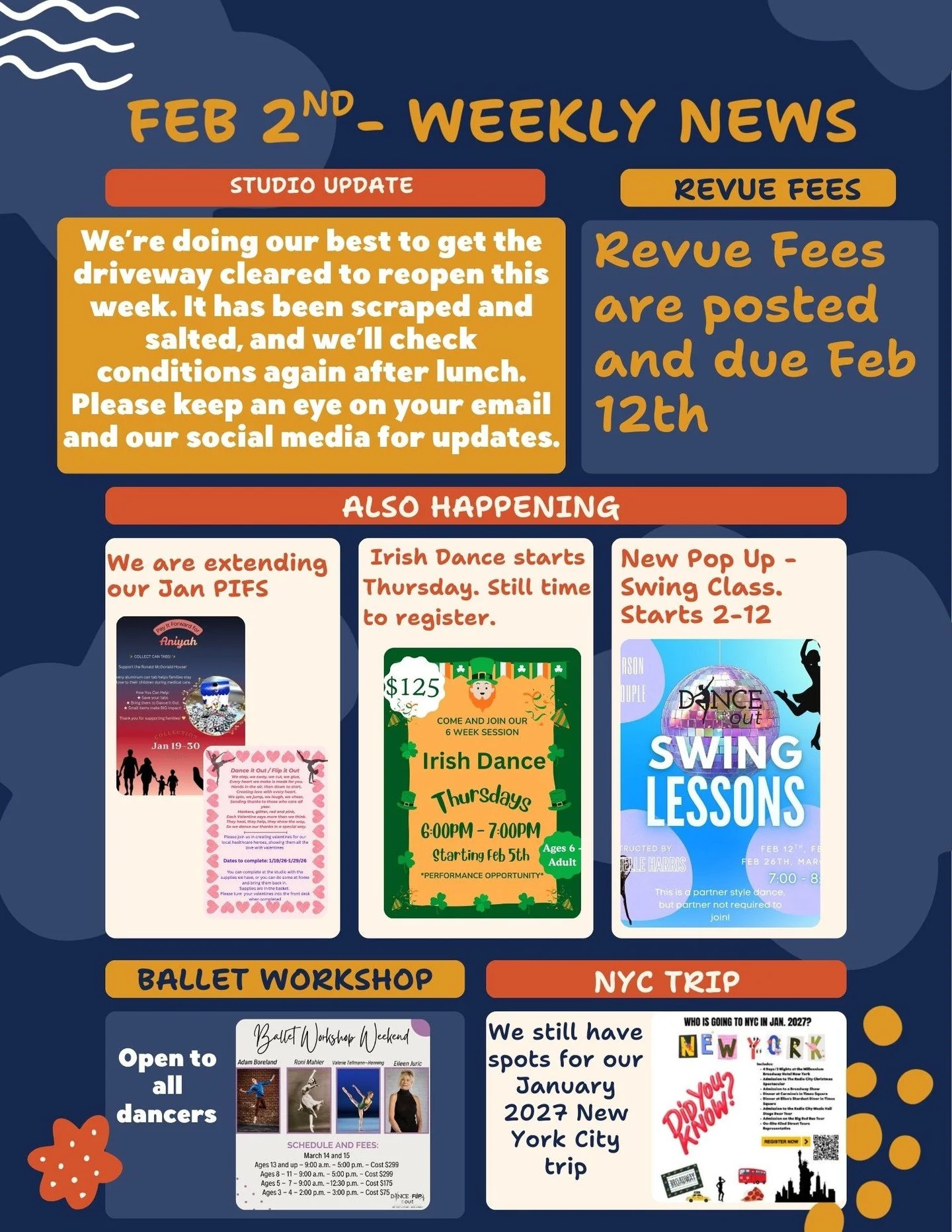 Feb 2 Weekly News is here! 📰💛

Here&rsquo;s what&rsquo;s happening at the studio this week:
&bull; We&rsquo;re working hard to get the driveway fully cleared and will update after lunch&mdash;please keep an eye on email and social media.
&bull;
