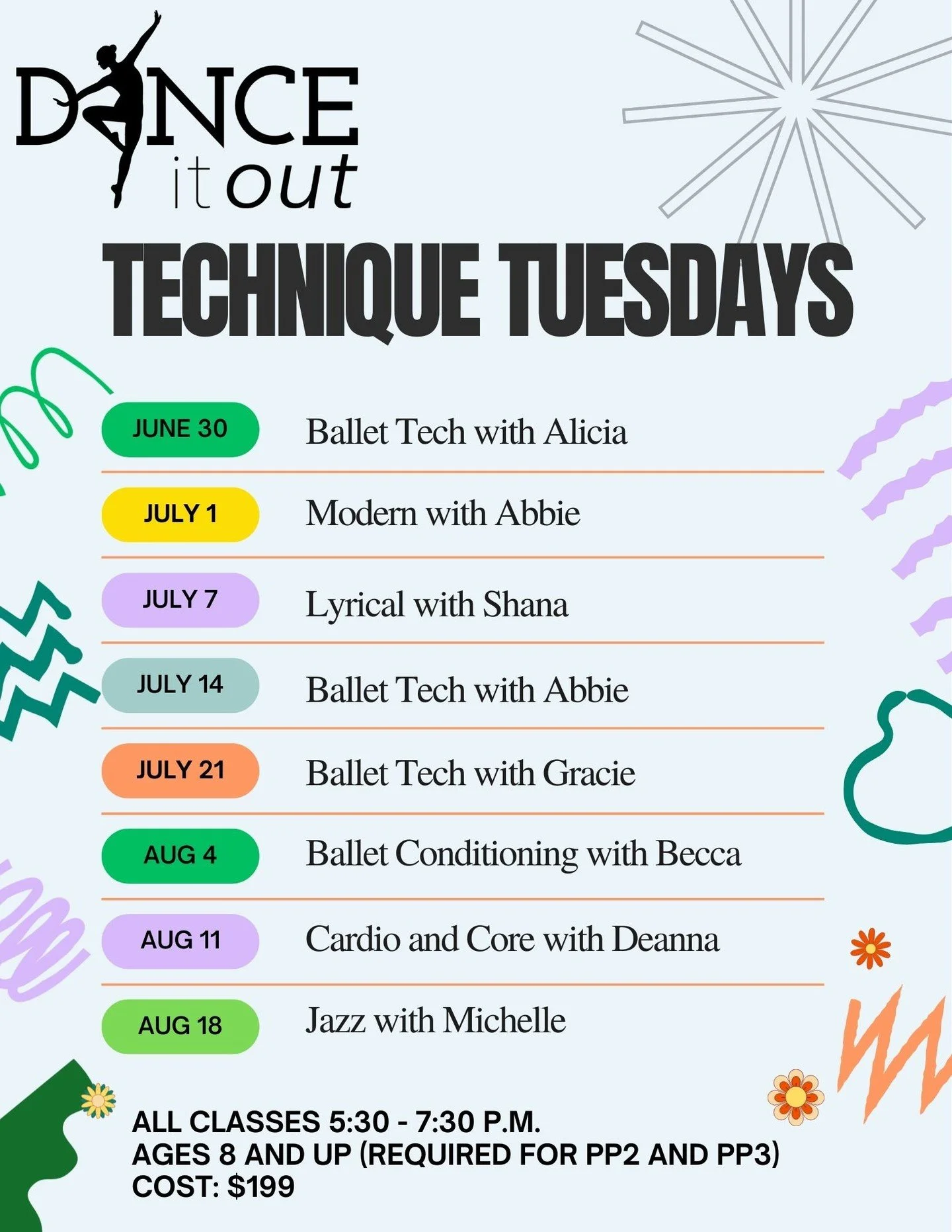 ✨ Technique Tuesdays at Dance It Out! ✨

Ready to level up your training this summer? Join us for Technique Tuesdays, a focused weekly series designed to strengthen technique, conditioning, and versatility across styles&mdash;all led by our incredi
