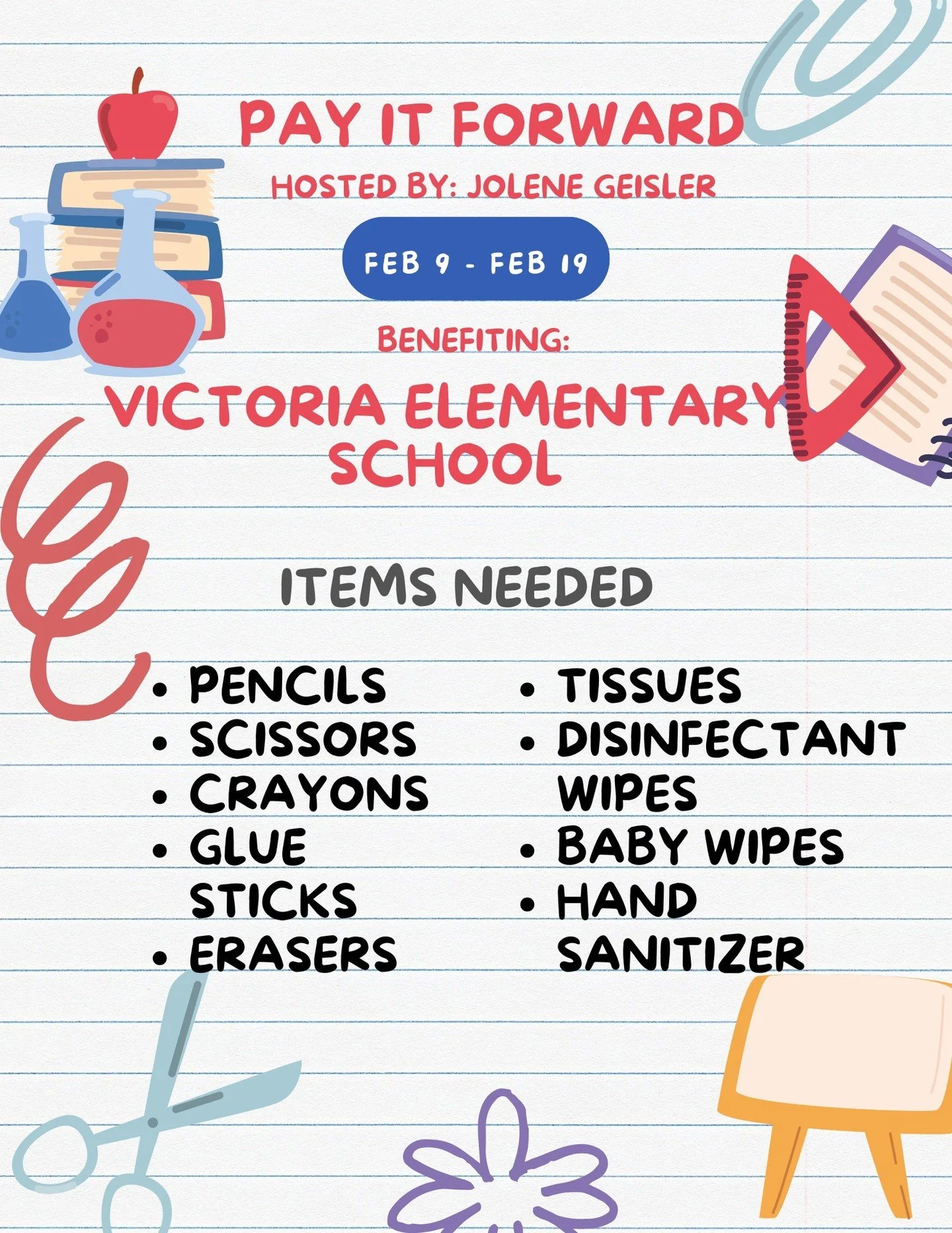 Warm &amp; Community-Focused

✨ Pay It Forward Drive ✨
We&rsquo;re excited to kick off our next Pay It Forward collection, hosted by Jolene Geisler, benefiting Victoria Elementary School 💙

🗓 February 9 &ndash; February 19
We are collecting m