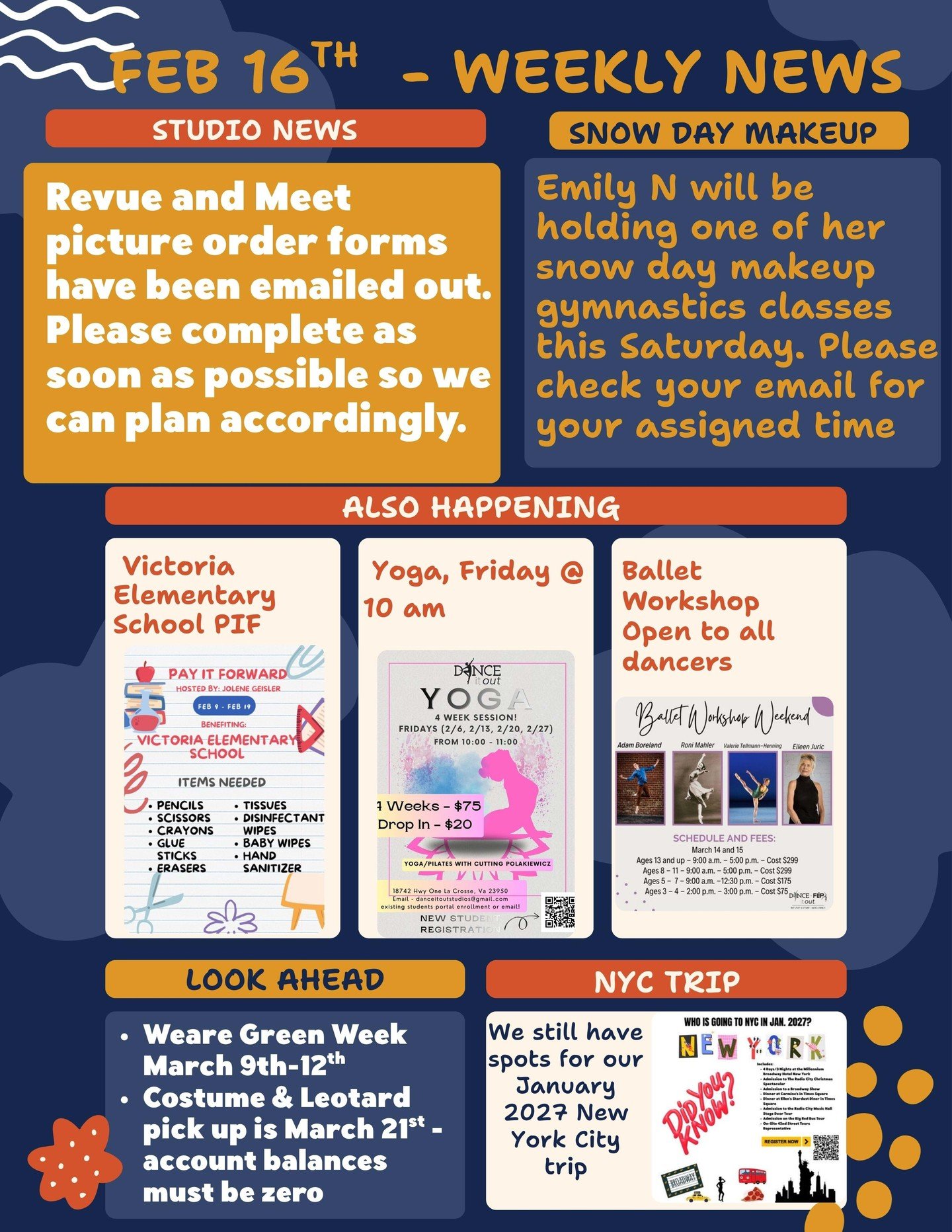 ✨ Dance It Out Weekly News &ndash; Feb 16th ✨
So much happening at the studio &mdash; make sure you&rsquo;re in the loop!

📸 Revue &amp; Meet Picture Orders
Order forms have been emailed! Please complete them as soon as possible so we can plan a