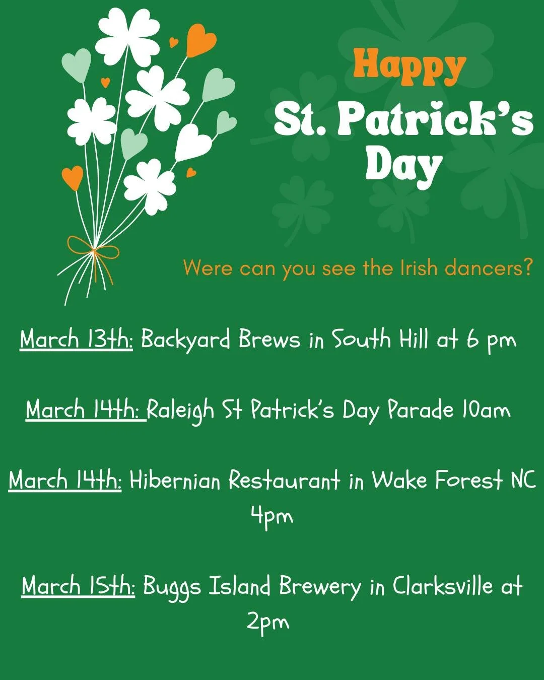 ☘️ Happy St. Patrick&rsquo;s Day! ☘️

Our Irish dancers are hitting the road and we can&rsquo;t wait to celebrate with you! 💚✨

Here&rsquo;s where you can catch them:
📍 March 13th &ndash; Backyard Brews (South Hill) at 6 PM
📍 March 14th &nda