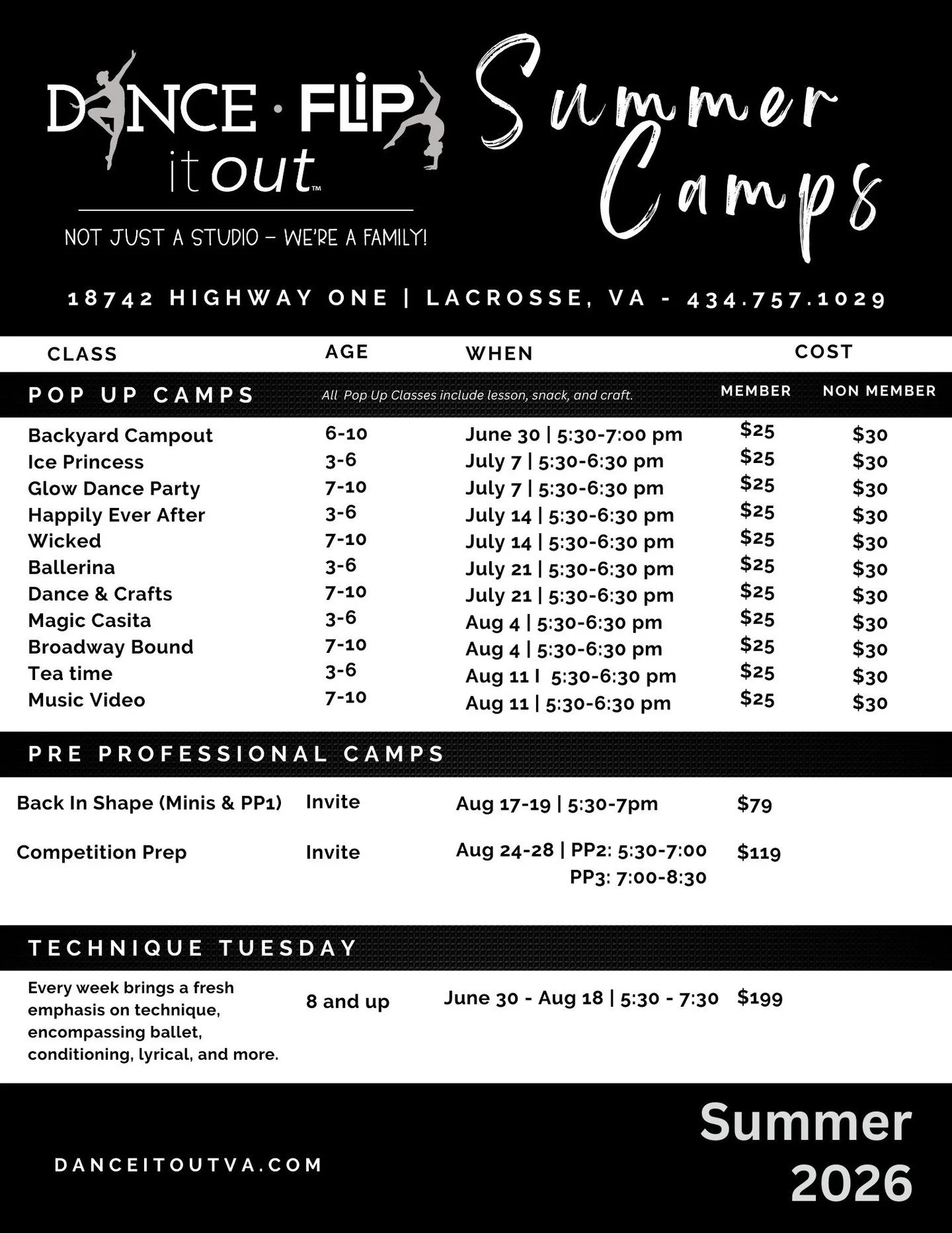 ☀️ SUMMER 2026 CAMPS ARE HERE! ☀️
Dance &bull; Create &bull; Shine ✨

Our summer camps at Dance It Out &amp; Flip It Out are packed with movement, imagination, and FUN! From magical pop-up camps and themed dance parties to pre-professional intensi