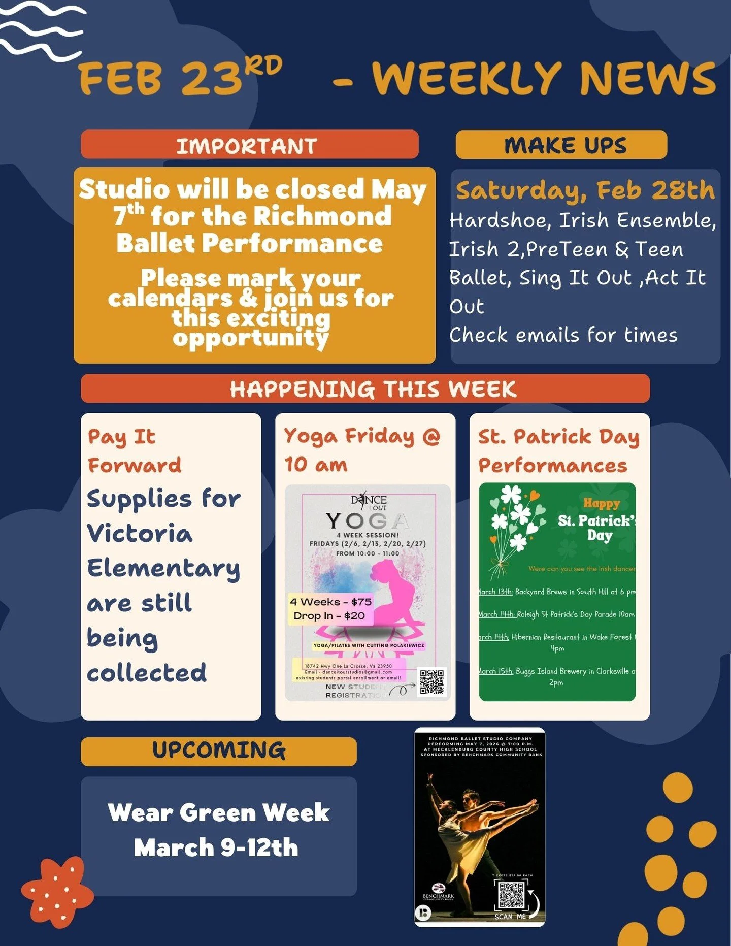✨ Dance It Out &ndash; Weekly News (Feb 23rd) ✨

Here&rsquo;s what&rsquo;s happening at the studio!

📌 IMPORTANT
The studio will be closed May 7th for the Richmond Ballet Performance. We are so excited for this opportunity and hope you&rsquo;ll