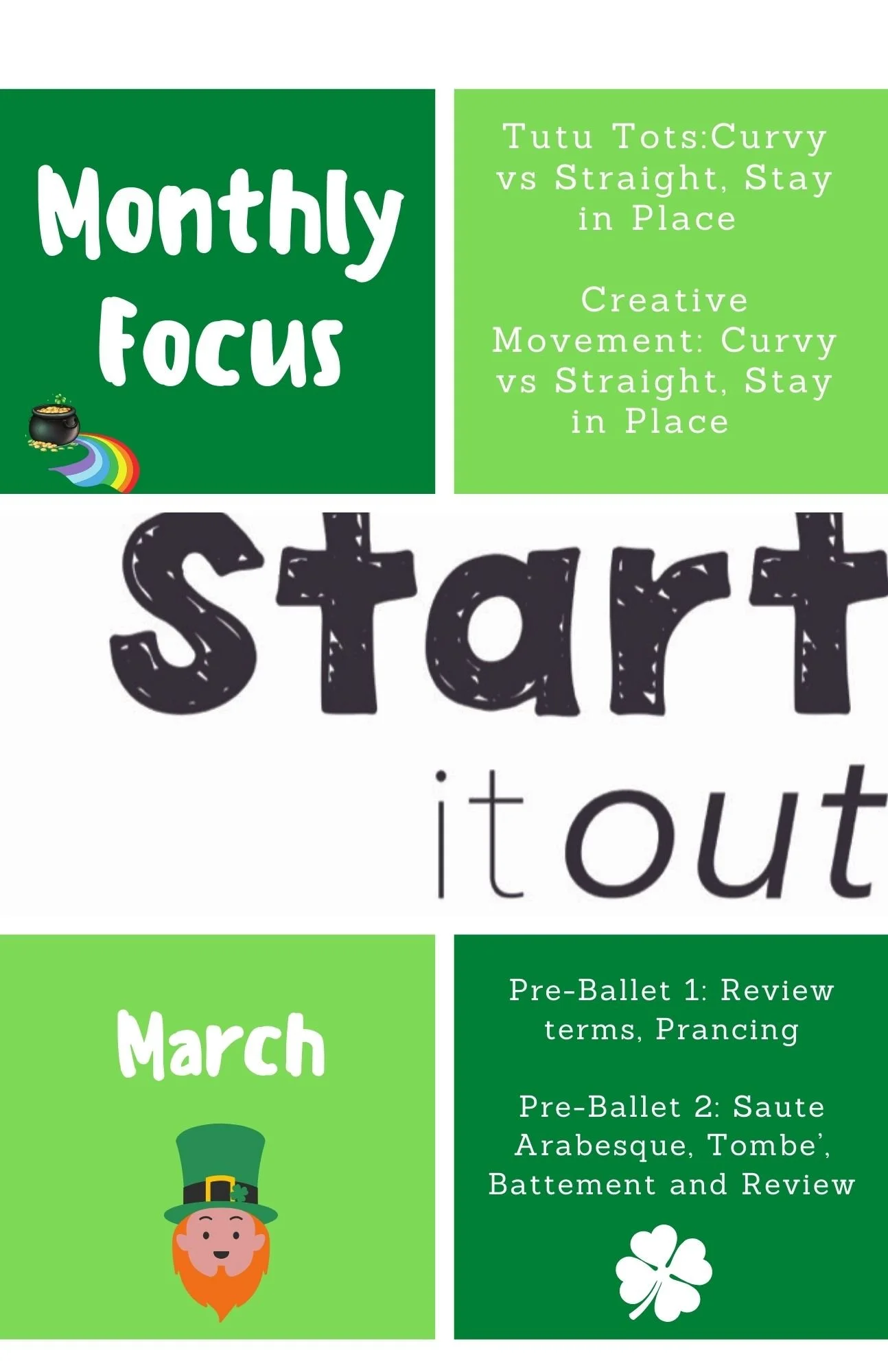 🌈✨ Miss Alicia&rsquo;s March Monthly Focus &ndash; Start It Out! ✨🌈

We are ready to spring into March with lots of learning and movement in our Start It Out classes! 🍀

Here&rsquo;s what our dancers are working on this month:

🩰 Tutu Tots