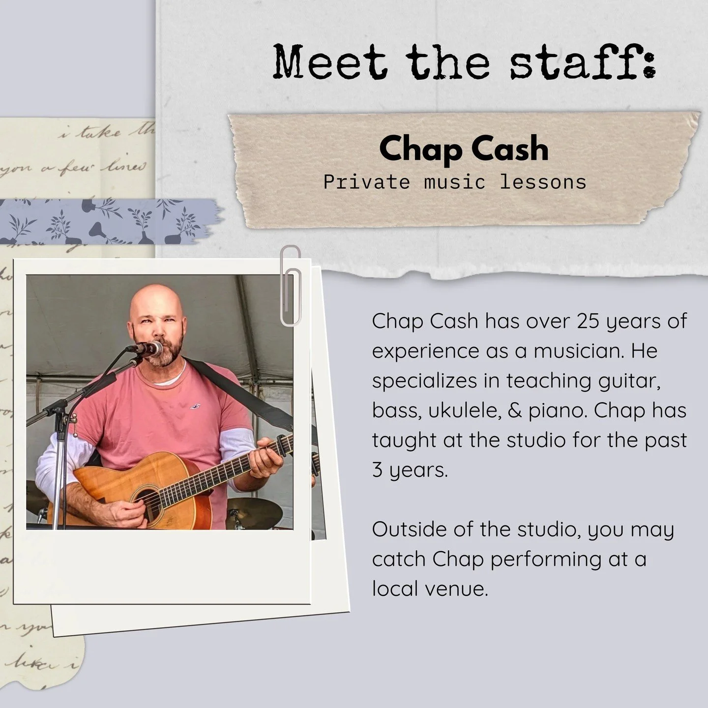 ⭐️ Has your child been wanting to pick up a new instrument? You&rsquo;re in luck! Meet Chap Cash, one of our instructors who teaches private lessons in guitar, piano, and ukulele! ⭐️