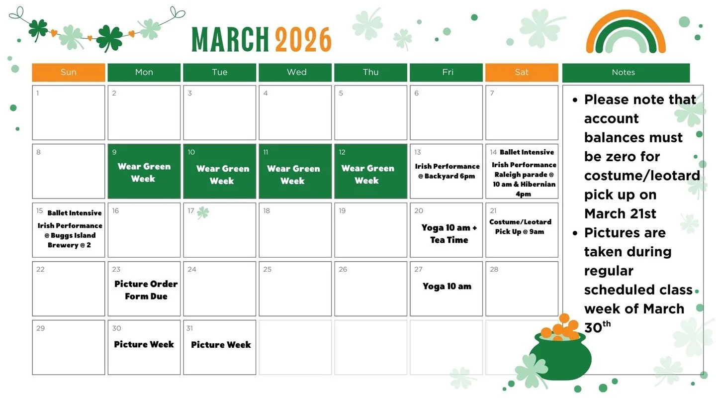 🍀 March is FULL of fun at Dance It Out &amp; Flip It Out! 🍀

Here&rsquo;s what&rsquo;s happening this month:

💚 March 9&ndash;12 &ndash; Wear Green Week

🎻 Irish Performances:
&bull; March 13 &ndash; Backyard @ 6 PM
&bull; March 14 &ndash