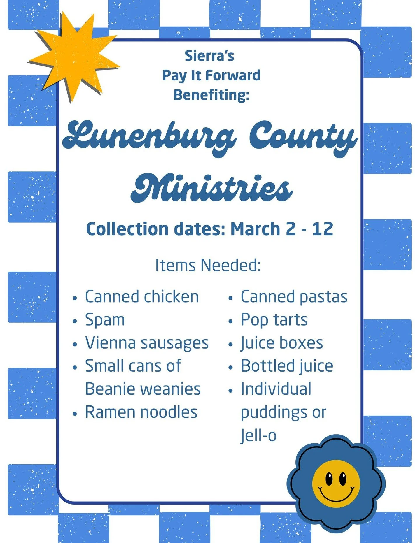 💙 Pay It Forward with Sierra! 💙

One of our dancers, Sierra, is leading a Pay It Forward collection to support Lunenburg County Ministries, and we would love for our Dance It Out family to help make a difference!

🗓 Collection Dates: March 2 &