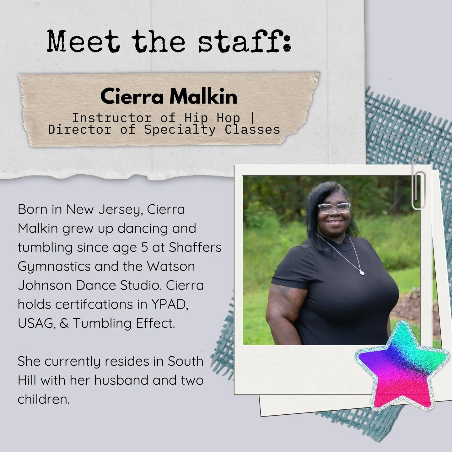 ⭐️ Get ready to meet our next staff member, Cierra Malkin, the Director of Specialty Classes! Cierra is also an instructor at Dance It Out and Flip It Out. She teaches Hip-Hop and gymnastics. ⭐️