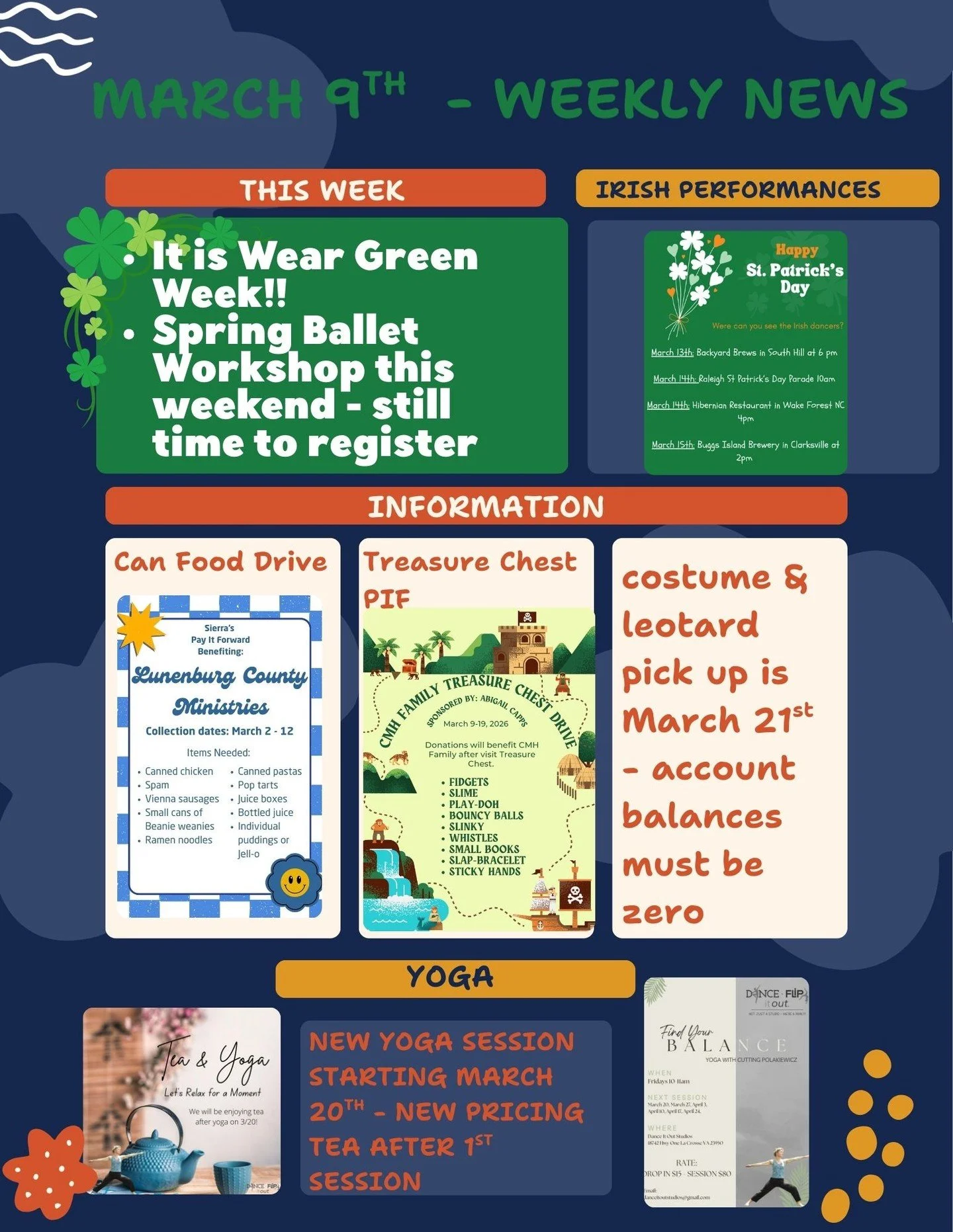 🍀 Dance It Out Weekly News &ndash; March 9 🍀

It&rsquo;s a busy and exciting week at Dance It Out Studios! Here&rsquo;s what&rsquo;s happening:

💚 Wear Green Week!
Celebrate the season and show your Irish spirit in class this week!

🩰 Spri