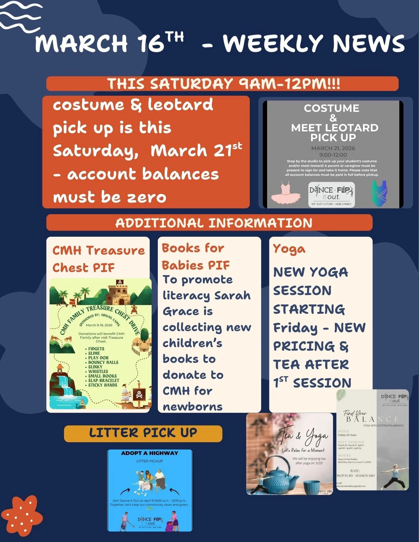 Our March 16th Weekly News is here!

Don&rsquo;t forget that costume and meet leotard pick up is this Saturday, March 21st from 9:00 AM&ndash;12:00 PM. A parent or caregiver must be present to sign for pick up, and all account balances must be paid