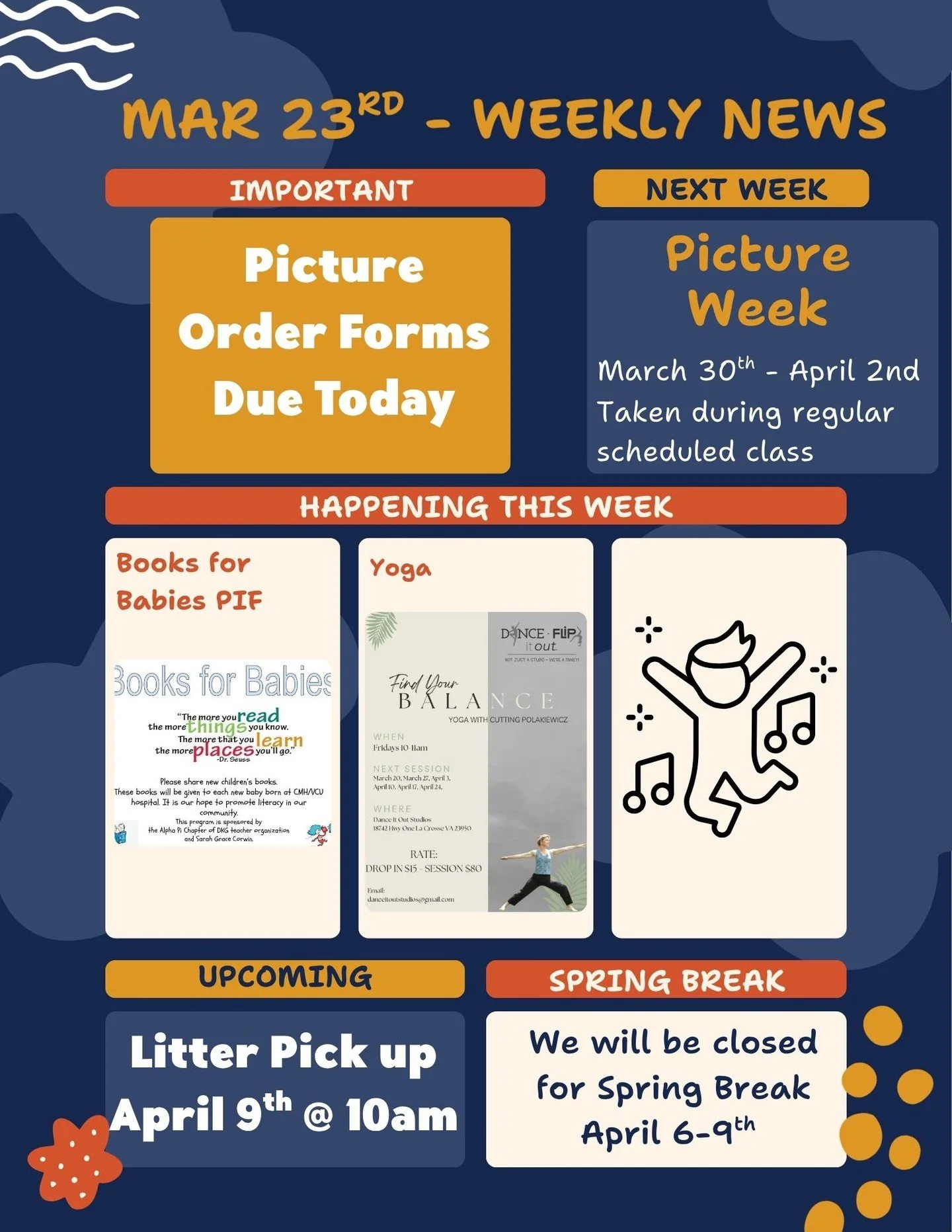 📣 Dance It Out Weekly News &ndash; March 23 📣

Here&rsquo;s what&rsquo;s happening at the studio this week and what&rsquo;s coming up!

📸 IMPORTANT &ndash; Picture Order Forms Due Today!
Don&rsquo;t forget to submit your picture order forms s