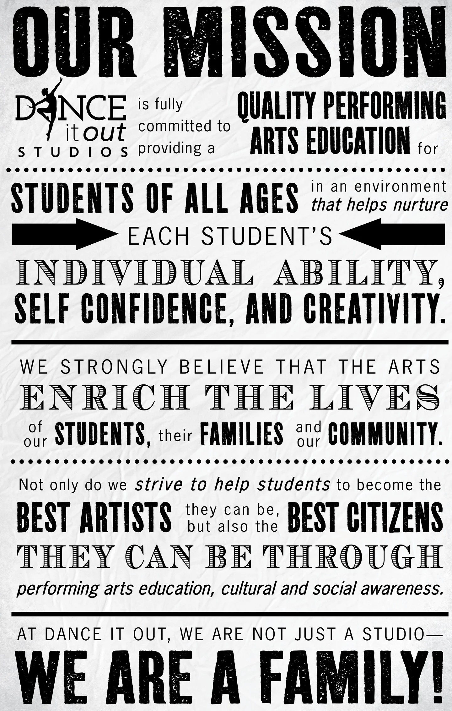 🎯 Our Mission at Dance It Out 🎯

At Dance It Out, we are fully committed to providing quality performing arts education for students of all ages in an environment that nurtures:
✨ Individual ability
✨ Self-confidence
✨ Creativity

We believe
