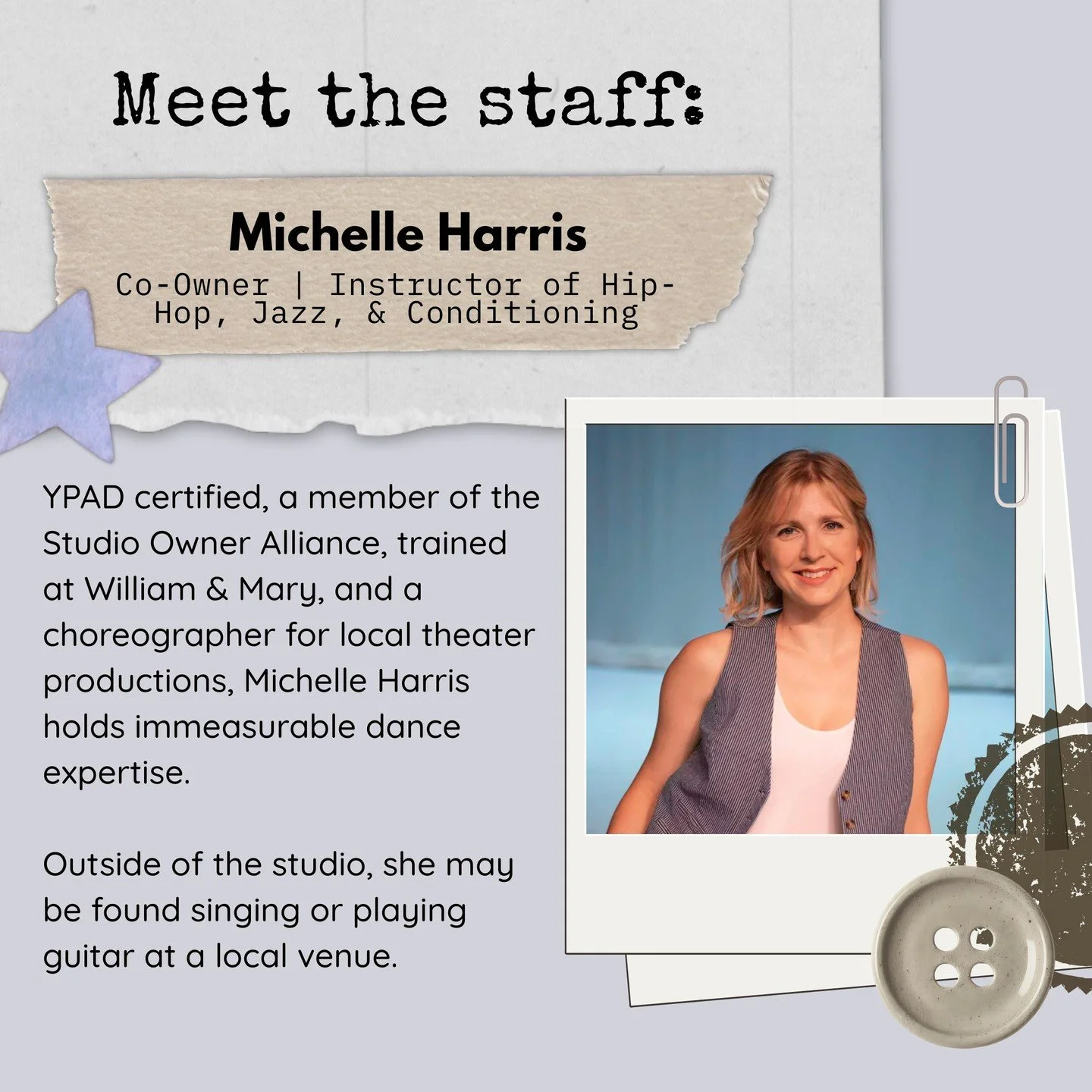 ⭐️ The staff of the studio love to meet you and want you to get to know them in return! Starting off first, meet one of the co-owners of the studio, Michelle Harris! Michelle teaches hip-hop, jazz, and ballroom dance. We&rsquo;re not just a studio, w