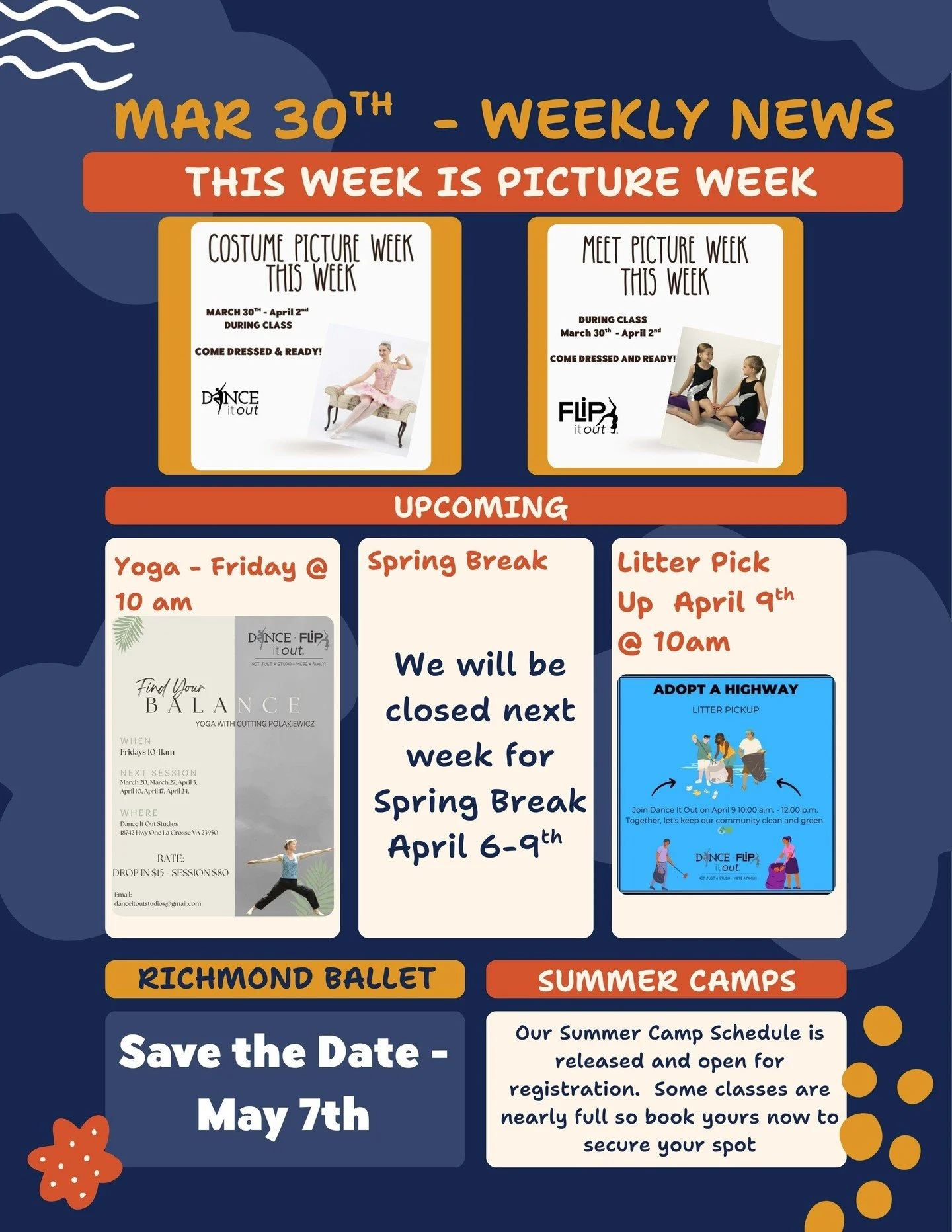 📸 Weekly News &ndash; March 30th 📸

It&rsquo;s PICTURE WEEK at Dance It Out &amp; Flip It Out! We can&rsquo;t wait to see everyone shine! ✨

Picture Week: March 30 &ndash; April 2 (during your child&rsquo;s regular class time)
✔️ Come dressed 