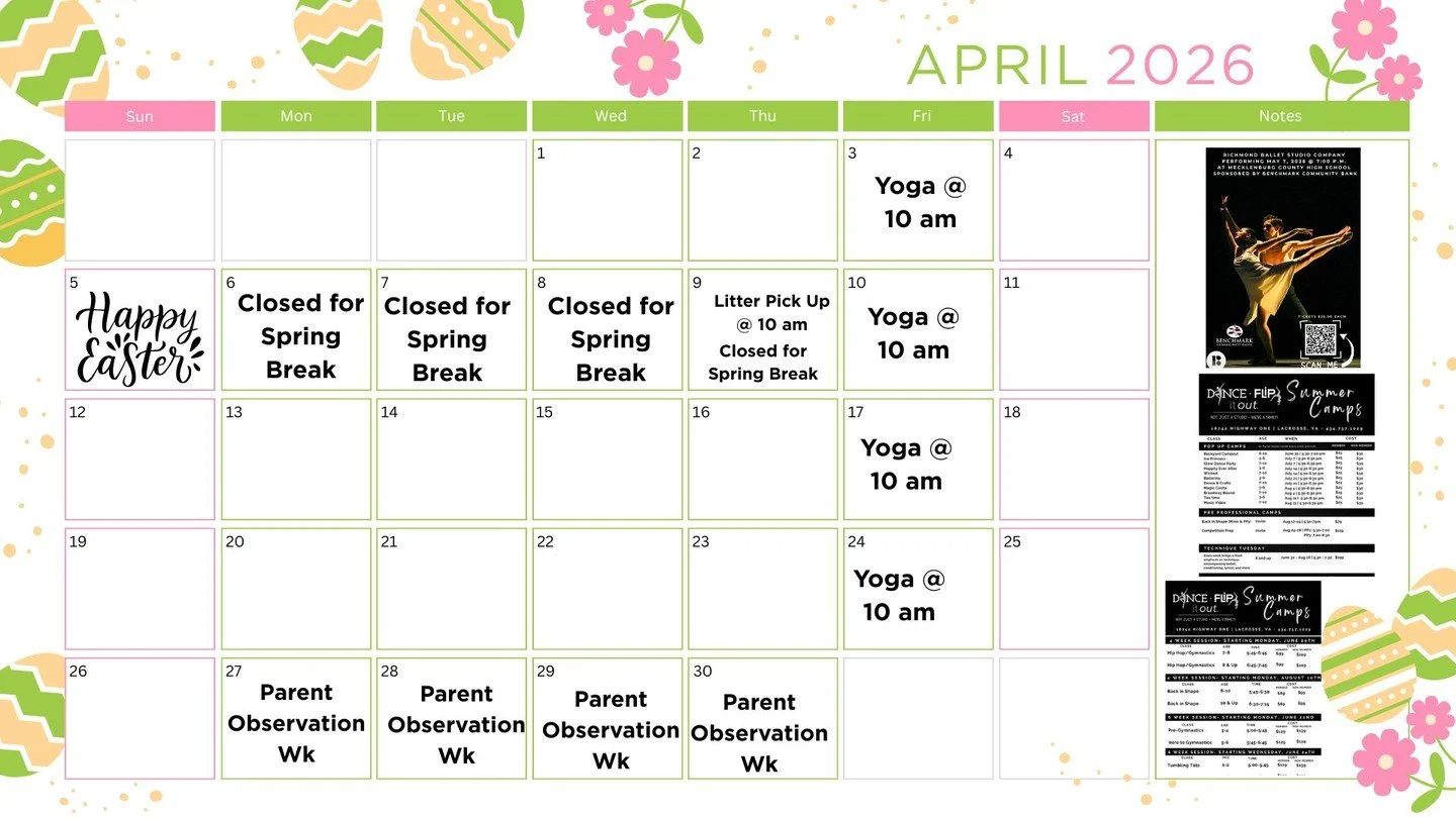 🌸🐣 Hello April at Dance It Out &amp; Flip It Out! 🐣🌸

We have a fun month ahead! Be sure to mark your calendars for these important dates:

📅 April Highlights:
&bull; April 5 &ndash; Happy Easter 🐰
&bull; April 6&ndash;9 &ndash; Closed fo