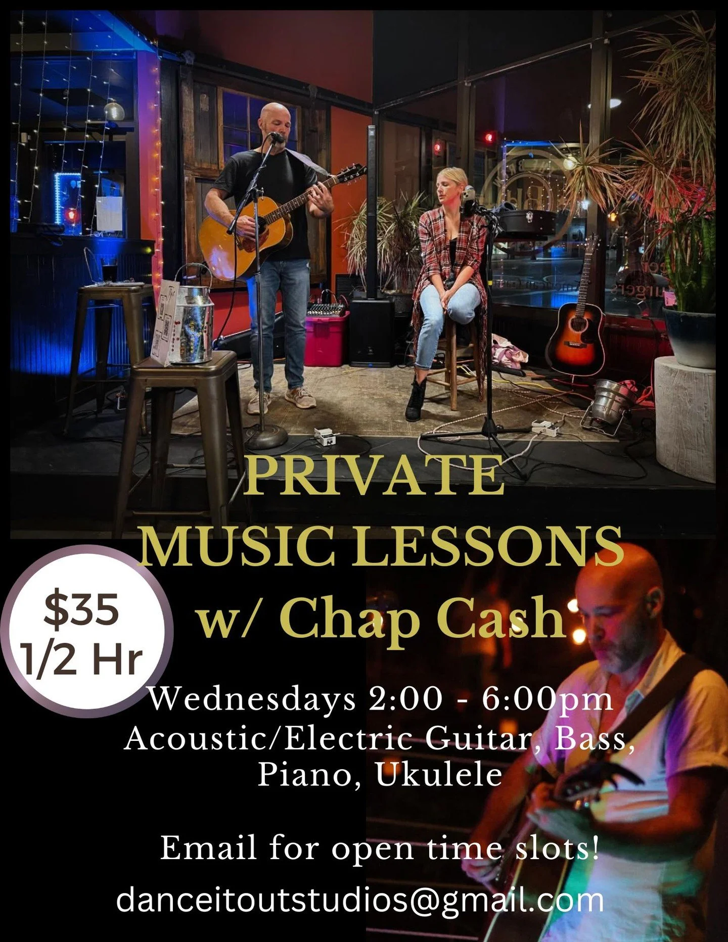 🎶 Ready to make music? 🎶

Now&rsquo;s your chance to learn from the talented Chap Cash in one-on-one private lessons!

🎸 Instruments Offered: Acoustic &amp; Electric Guitar, Bass, Piano, Ukulele
🗓 When: Wednesdays | 2:00&ndash;6:00 PM
💲 Ra
