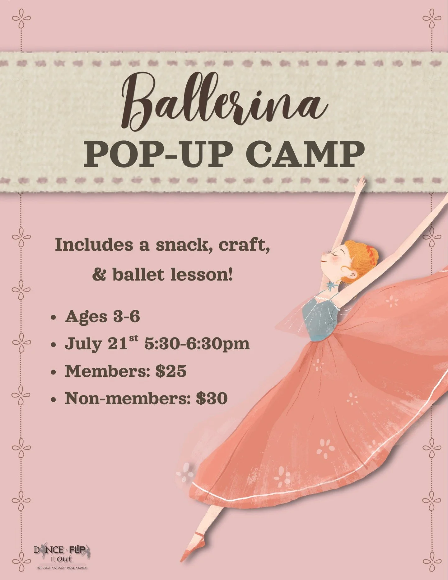 Ballerina Pop-Up Camp

🩰🌸 Calling all little ballerinas!

Join us for a magical evening of ballet, a themed craft, and a snack. Perfect for our youngest dancers who love to twirl!
✨ Ages 3&ndash;6
📅 July 21 | 5:30&ndash;6:30 pm
💲 Members: 