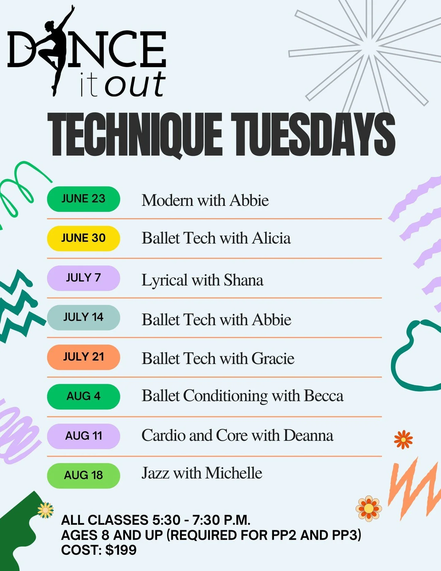✨ Technique Tuesdays at Dance It Out! ✨

Ready to level up your training this summer? Join us for Technique Tuesdays, a focused weekly series designed to strengthen technique, conditioning, and versatility across styles&mdash;all led by our incredi