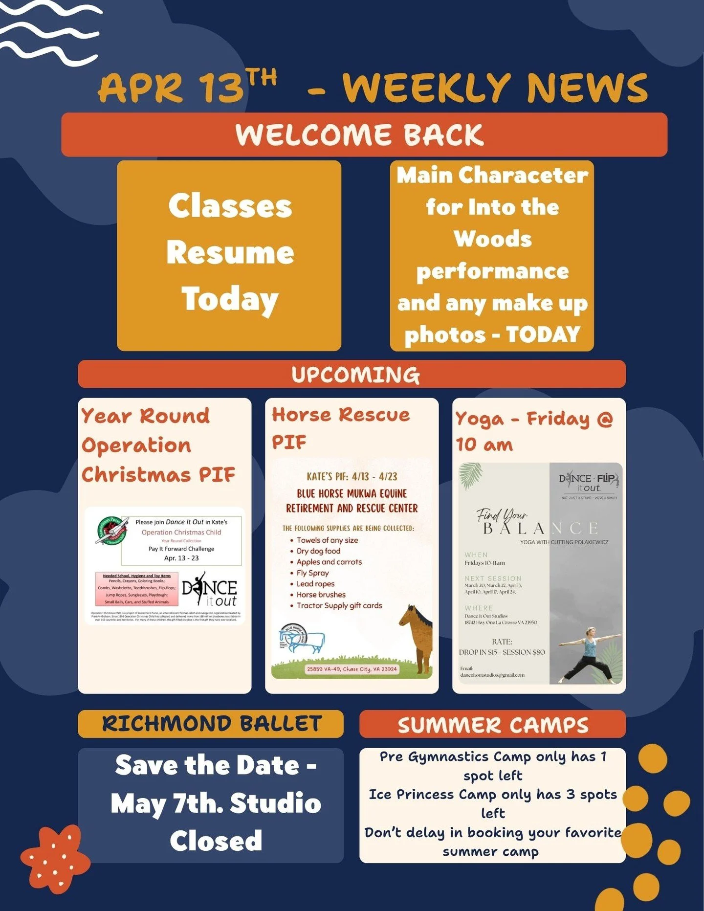 ✨ WELCOME BACK! ✨

We hope everyone had an amazing Spring Break! ☀️ We are so excited to see all of our dancers and gymnasts back in the studio TODAY as classes resume! 💃🤸&zwj;♀️

📸 Reminder:
Main Character photos for Into the Woods and any m