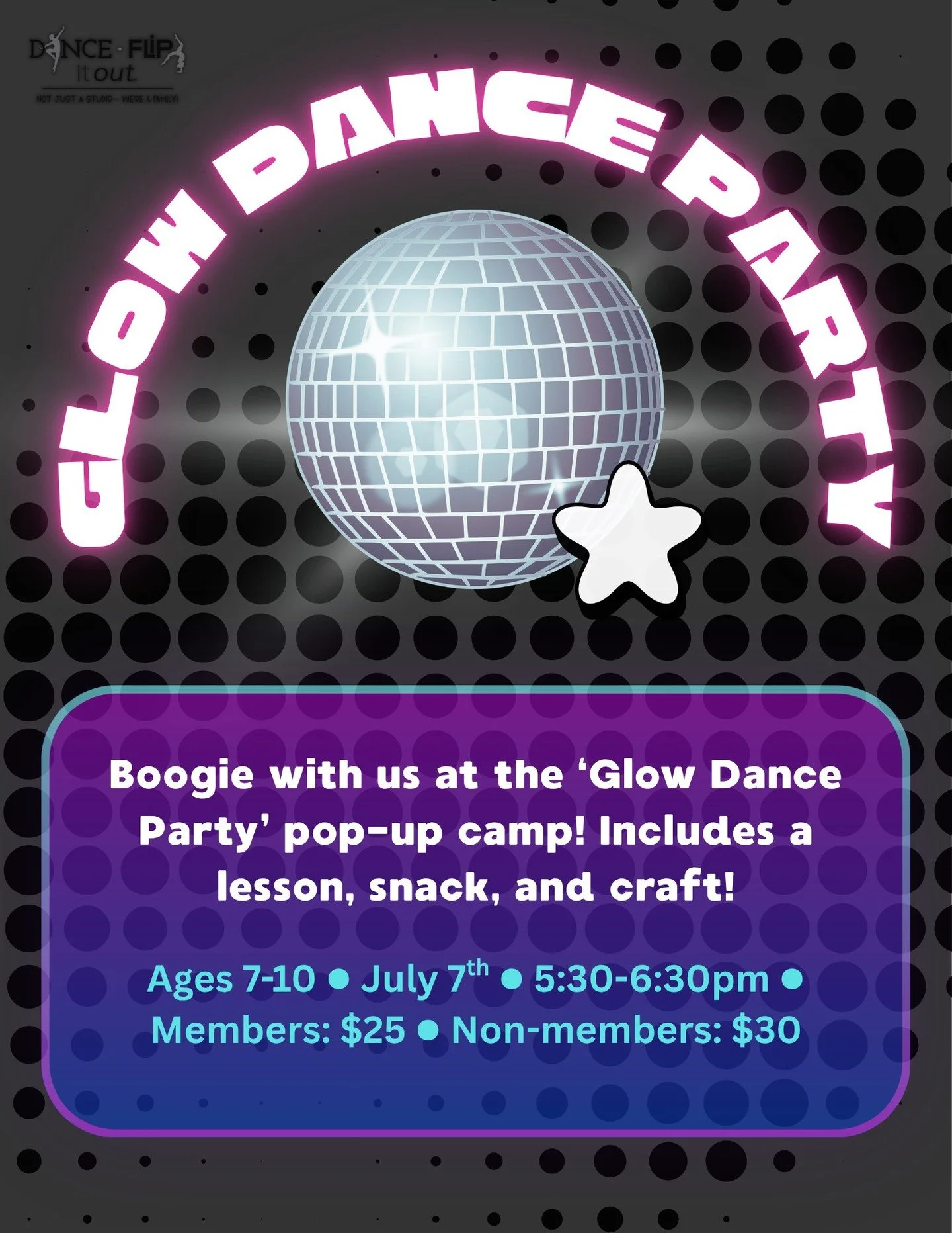 Glow Dance Party Pop-Up Camp

✨🪩 Let&rsquo;s GLOW!

Join us for a super fun Glow Dance Party Pop-Up Camp featuring dancing, a craft, and a snack! Wear your brightest neon colors and get ready to shine on the dance floor.

⭐ Ages 7&ndash;10
📅