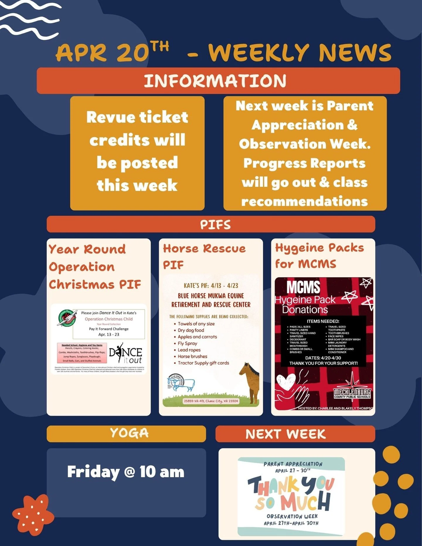 ✨ Weekly News &ndash; April 20th ✨

Here&rsquo;s what&rsquo;s happening at Dance It Out this week!

🎟️ Revue Update
Revue ticket credits will be posted to accounts this week&mdash;be on the lookout!

💛 Looking Ahead
Next week is Parent Appr
