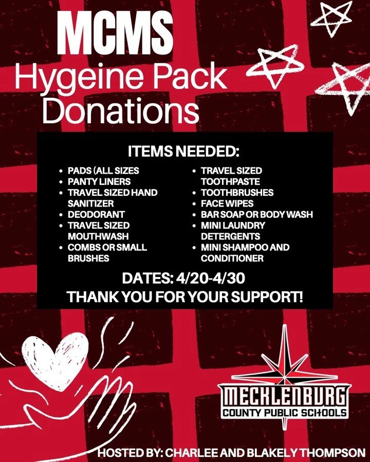 💗 Help Support MCMS Students! 💗

We&rsquo;re collecting Hygiene Pack Donations to help students at MCMS have access to everyday essentials&mdash;and we&rsquo;d love your support!

From April 20&ndash;30, you can donate items like:

🧴 Travel-