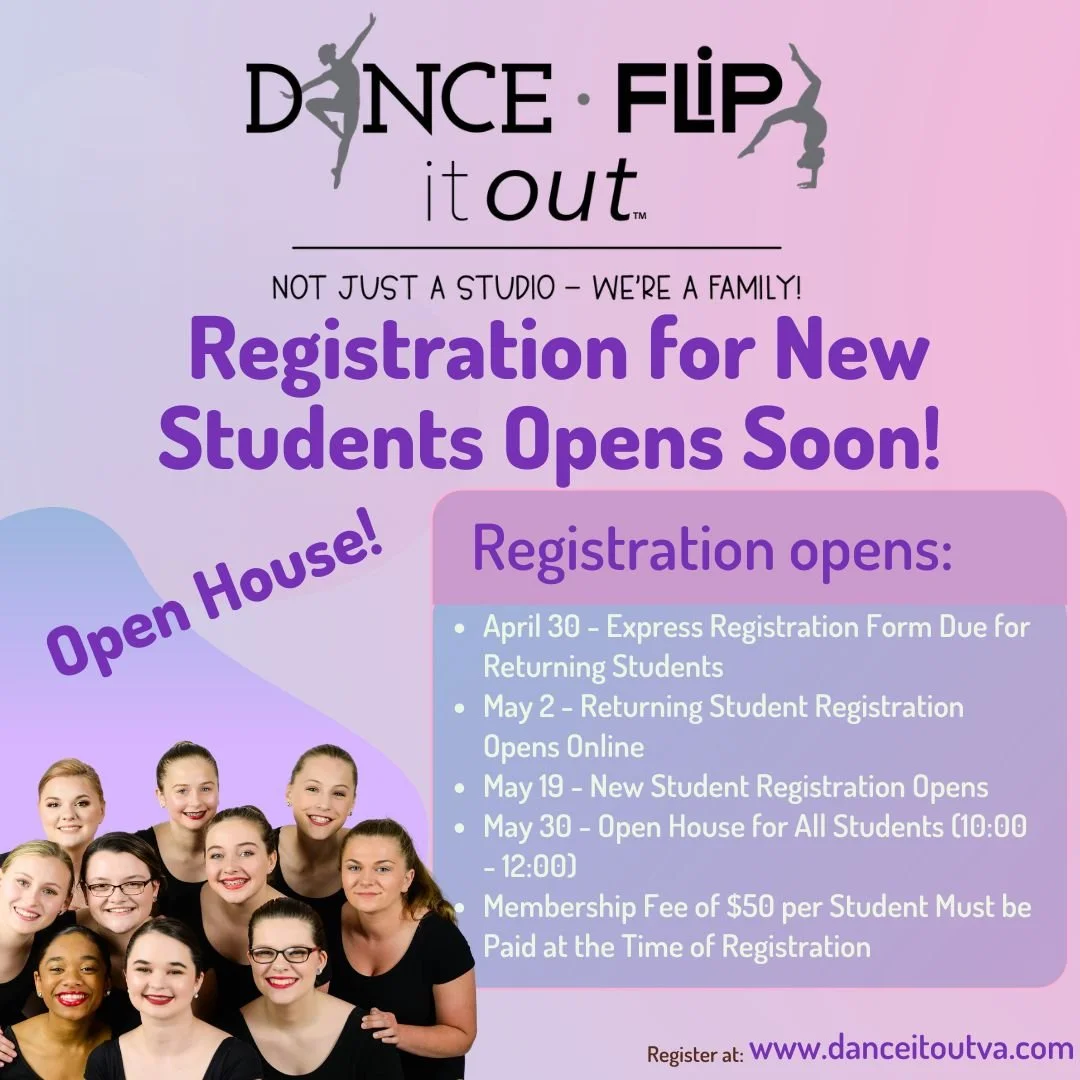 ✨ Registration is Opening Soon at Dance It Out &amp; Flip It Out! ✨

We&rsquo;re getting ready to welcome new students for an exciting new season&mdash;and we&rsquo;d love for YOU to be part of our family! 💜

📅 Important Dates to Know:
&bull; 