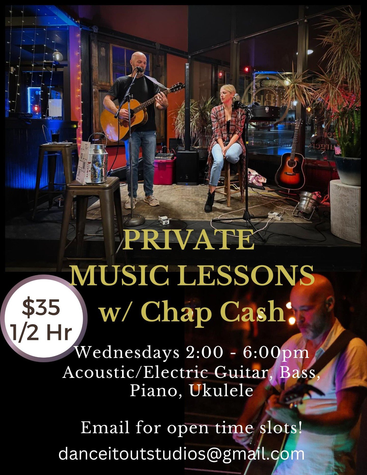 🎶 Ready to make music? 🎶

Now&rsquo;s your chance to learn from the talented Chap Cash in one-on-one private lessons!

🎸 Instruments Offered: Acoustic &amp; Electric Guitar, Bass, Piano, Ukulele
🗓 When: Wednesdays | 2:00&ndash;6:00 PM
💲 Ra