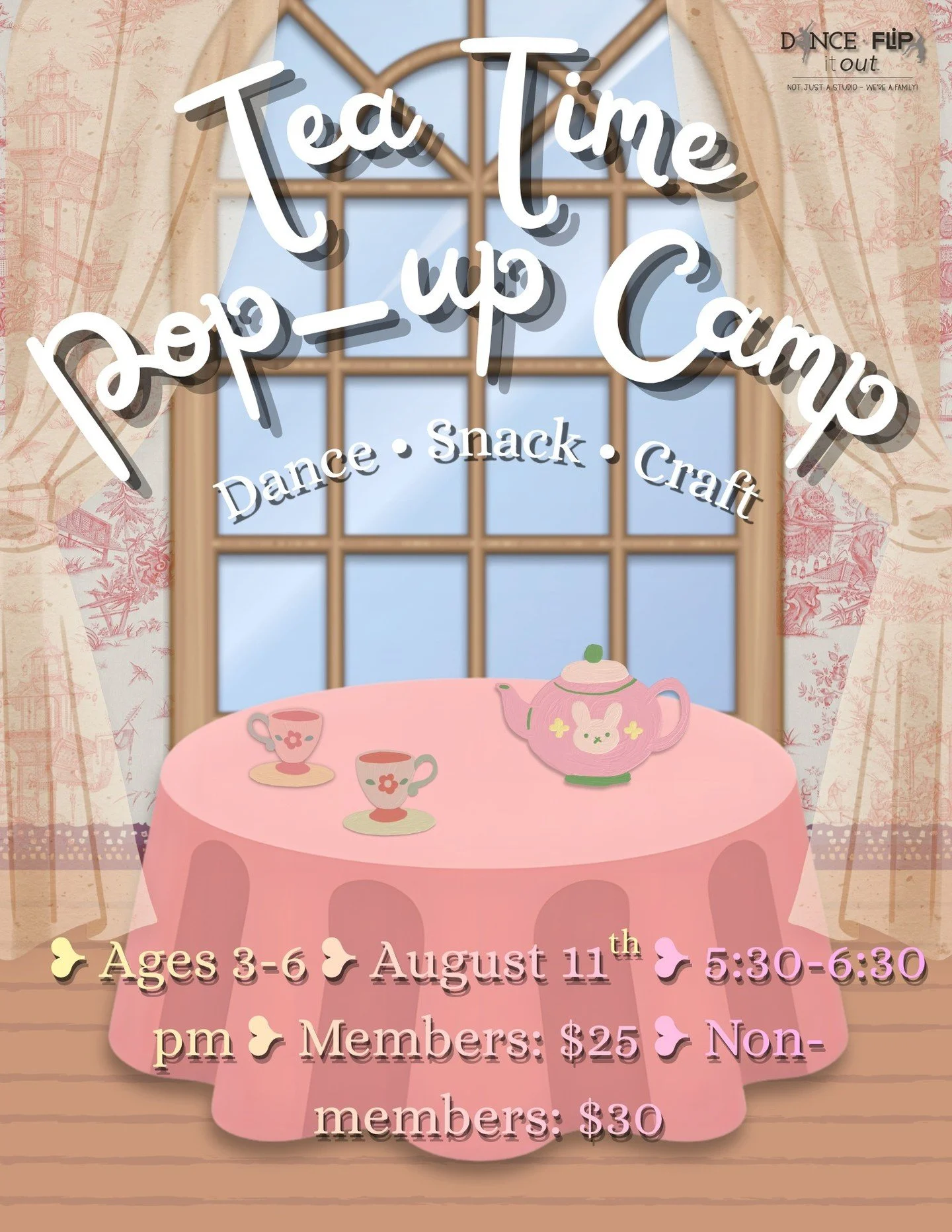 Tea Time Pop-Up Camp

🫖✨ You&rsquo;re invited to Tea Time!
Join us for a sweet evening of dancing, a themed craft, and a snack at our Tea Time Pop-Up Camp. Perfect for little dancers who love imagination and fun!

⭐ Ages 3&ndash;6
📅 August 11